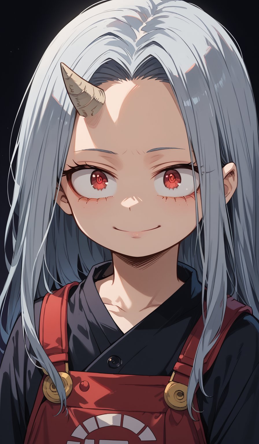 (score_9, score_8_up), score_7_up, zPDXL, eri, long hair, red eyes, grey hair, horns, child, ((single_horn)), female child, lora:my-hero-academia-eri-anime-ponyxl-lora-nochekaiser:1, upper body, smirk, looking away, black shirt, dark background, lora:Sinozick_Style_XL_Pony:1, sinozick style, flat color