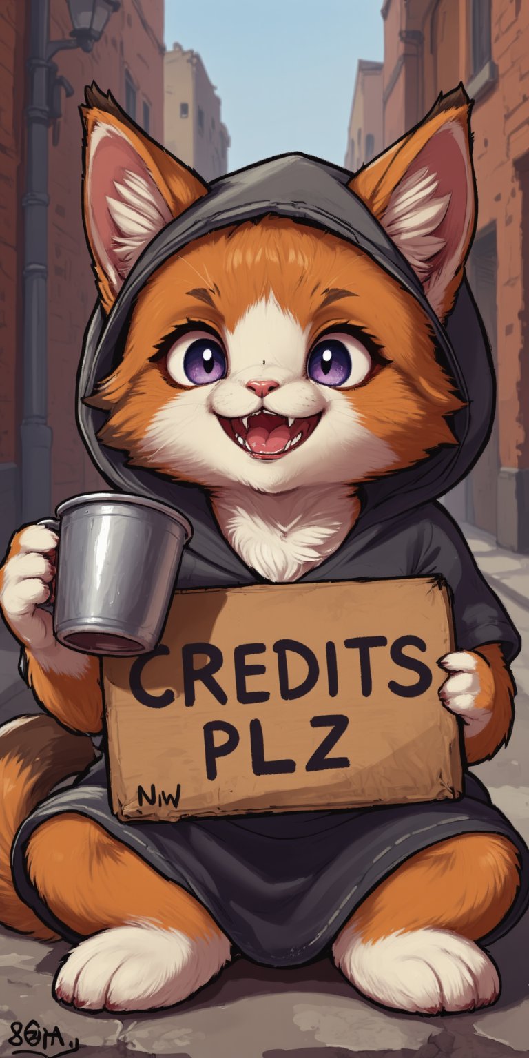 A cute little cat,open mouth,happy homeless beggar kitten holding a tin cup, with a cardboard sign that says "Credits Plz", anime comic-book style art,happy smile,sitting,