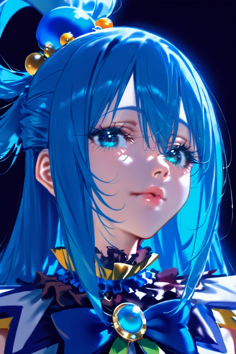 (masterpiece), best quality, solo, 1girl, blue_eyes, looking_at_viewer, eyelashes,upper_body, lips, makeup,aqua,Aqua,Aqua_(Konosuba),AQUA \(KONOSUBA\), blue hair ,dark background,LONG HAIR, HAIR ORNAMENT, VERY LONG HAIR, HAIR RINGS, SINGLE HAIR RING, HAIR BOBBLES,