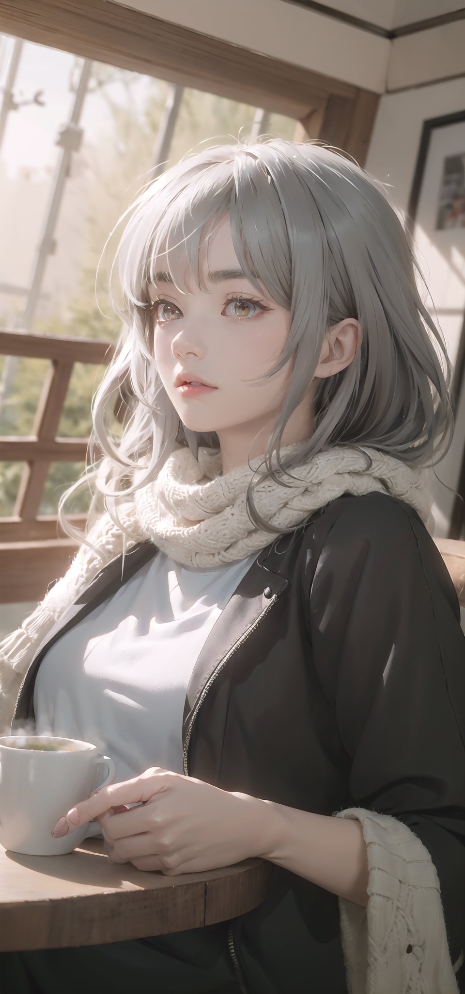 amiya(arknights), 1girl,8k wallpaper,extremely detailed figure, amazing beauty, detailed characters, {detailed background},aestheticism, sitting, winter, coffee shop, corner, coat, scarf, large breasts, gray hair, red eyes, emotionless, obedient, obedient, thick eyebrows, small nose, full lips, long eyelashes, delicate neck, slender shoulders, bare arms, delicate hands, long fingers, pointed nails, high cheekbones, oval face, smooth skin, rosy cheeks, cup of coffee, saucer, steam, warm, cozy, comfortable, relaxed, calm, quiet, peaceful, serene, contemplative, close-up, best quality, amazing quality, very aesthetic, absurdres