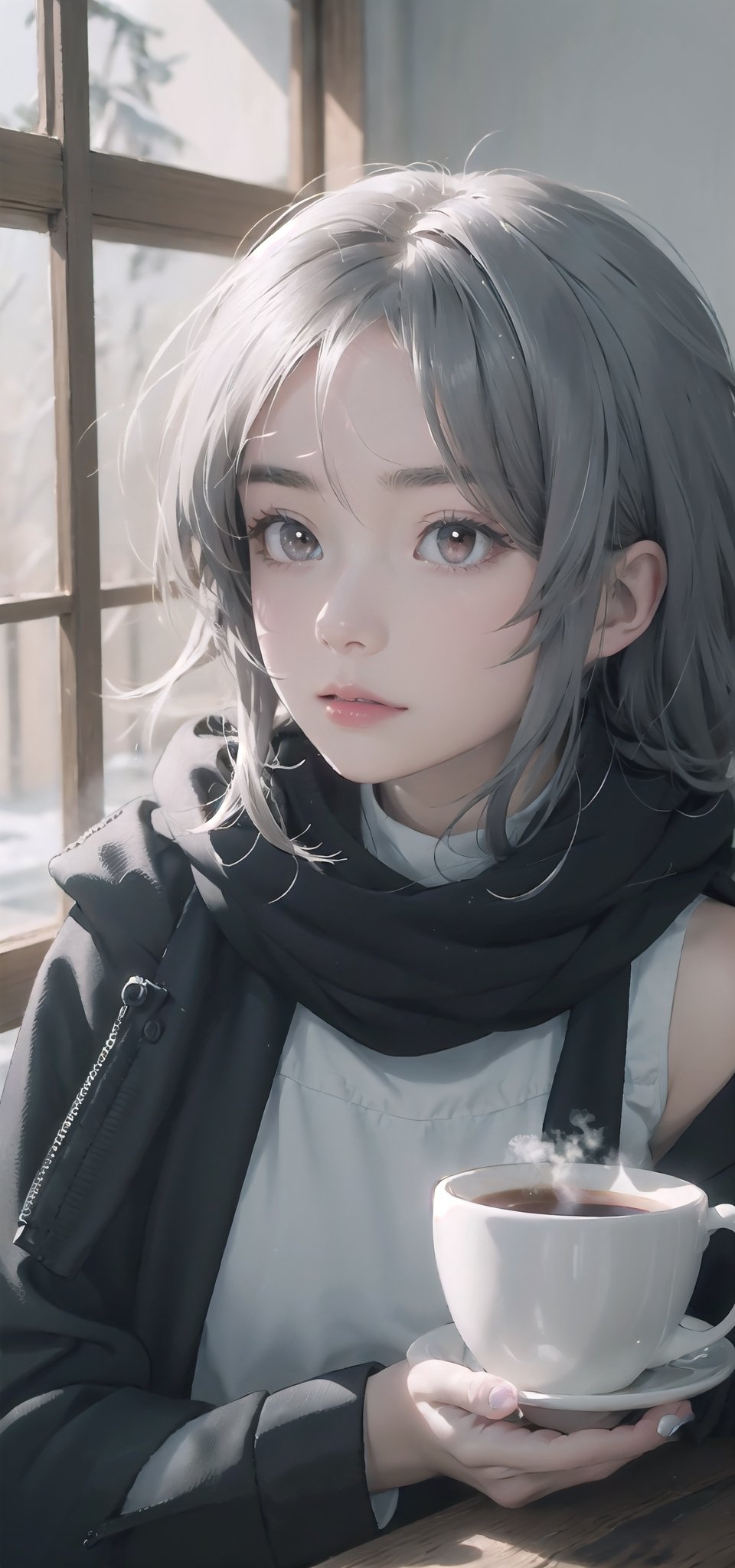 amiya(arknights), 1girl,8k wallpaper,extremely detailed figure, amazing beauty, detailed characters, {detailed background},aestheticism, sitting, winter, coffee shop, corner, coat, scarf, large breasts, gray hair, red eyes, emotionless, obedient, obedient, thick eyebrows, small nose, full lips, long eyelashes, delicate neck, slender shoulders, bare arms, delicate hands, long fingers, pointed nails, high cheekbones, oval face, smooth skin, rosy cheeks, cup of coffee, saucer, steam, warm, cozy, comfortable, relaxed, calm, quiet, peaceful, serene, contemplative, close-up, best quality, amazing quality, very aesthetic, absurdres, Christmas dresses 