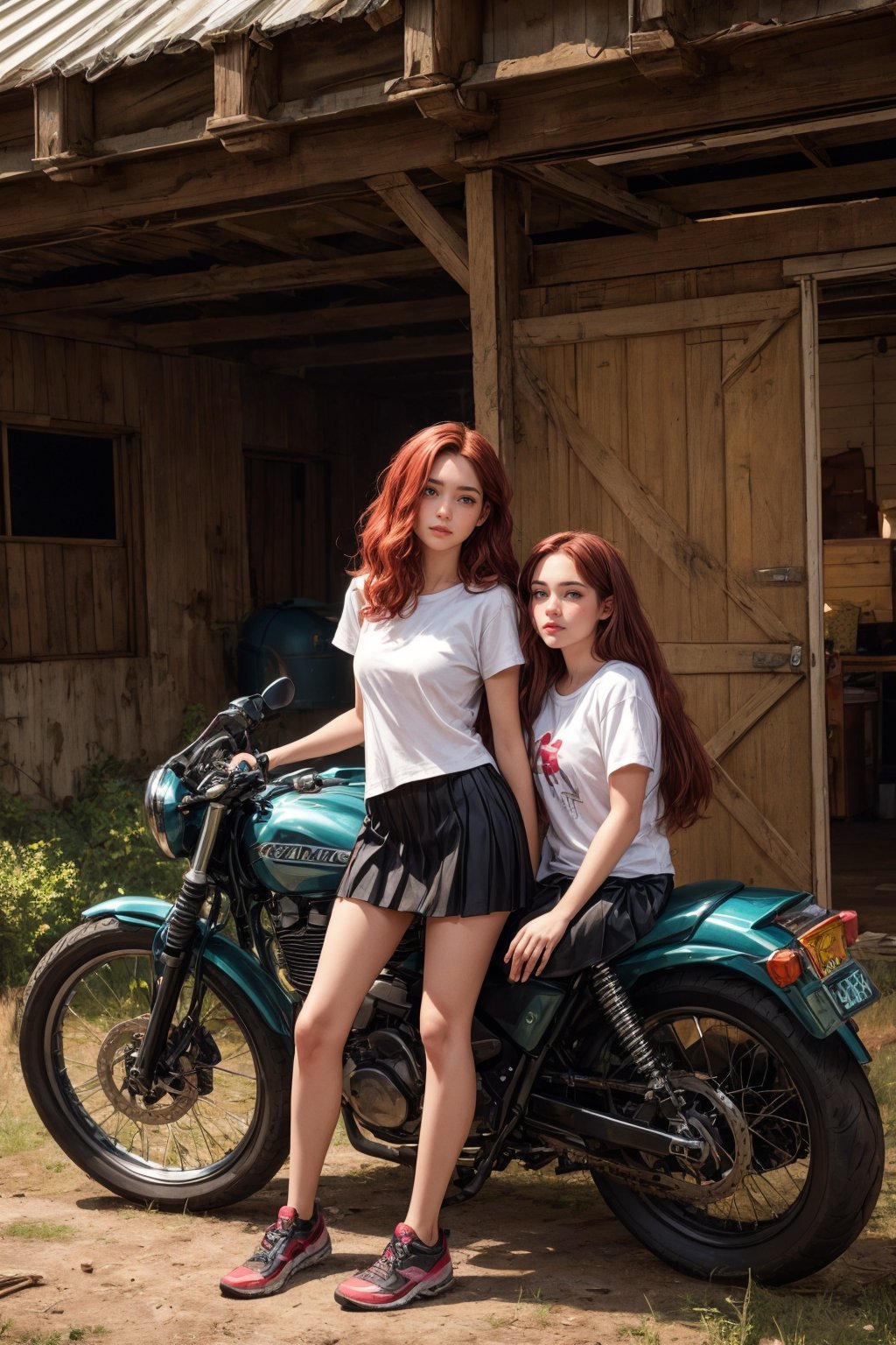 Photo,realistic ,Two sisters, one a young adult and the other a teenager, with brith red hair,wearing white T-Shirt and black skirt ,are reviving an old motorcycle in a ramshackle barn,real life ,12k,