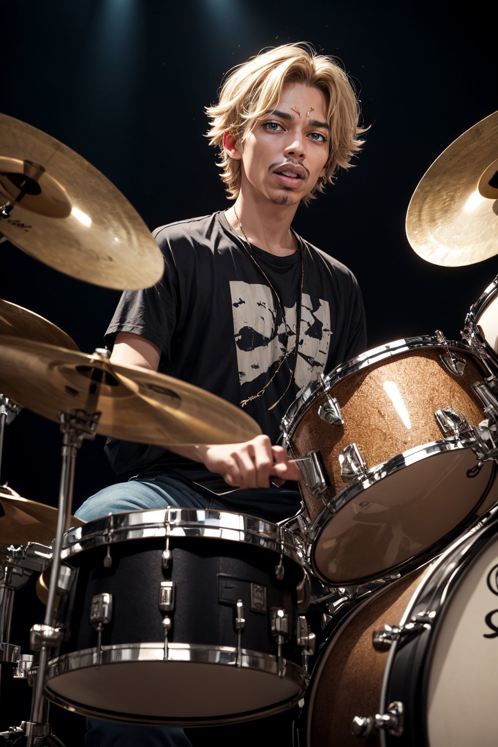  A pale blond drummer, middle size hair, with and deep honey color eyes, playing a frenetic beat on a drum kit.