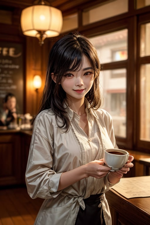 In a dimly lit, quaint coffee shop, there is a dignified and elegant Asian waitress holding a cup of coffee in front of me. She puts the coffee in front of me gracefully and smiles politely. Behind this elegant waitress is coffee. The teacher is making coffee seriously. --upbeta