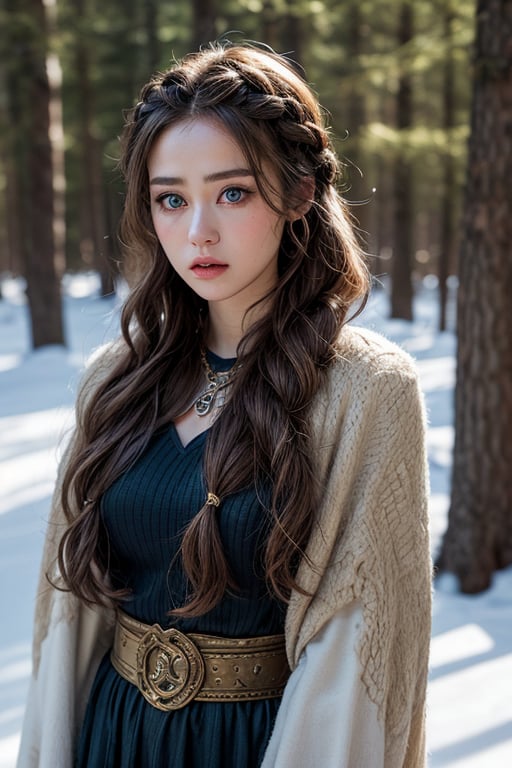 A beautiful woman with big blue eyes and long gold hair stands in a mysterious aura, radiating a powerful presence. Behind her, a snow-covered forest looms, her curly hair braided in a Lexa Kom Triku style.ds. Her outfit look like Vikings in the winter