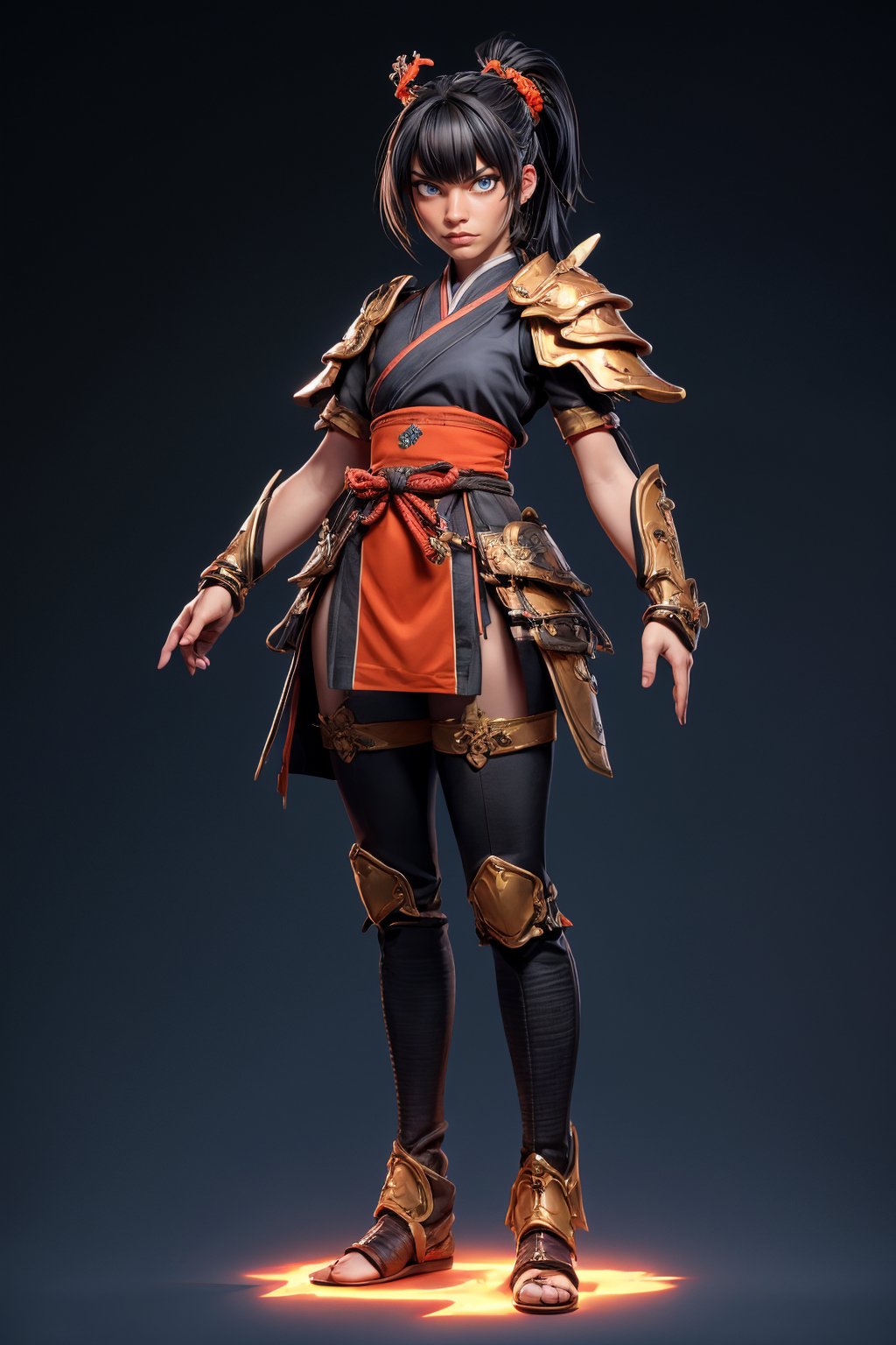 A fantasy samurai girl, asian, black hair, black and orange clothes, armor on shoulder fore arms and legs, full body, blue glowing pupils, 