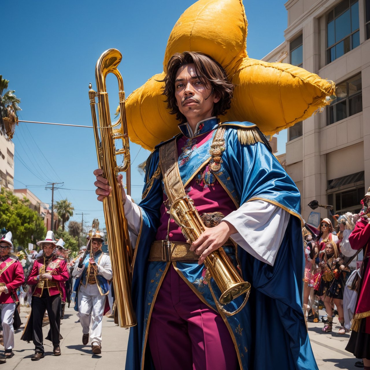 professional photograph the wizard parade on wizard prided day pimped out floats marching band wizards in los angeles on a sunny day nikon z8 --ar 2:1