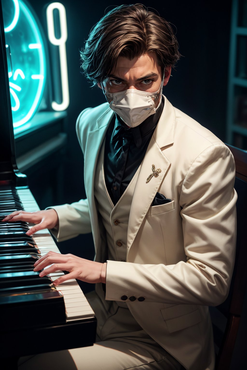 Magical neon victorian piano played by a young man in a white suit and white mask, amazingly realistic photo, neon colors, neon light, 3D octa rendering, fine details, professional quality photo, sharp focus, cinematic photo, fine detail