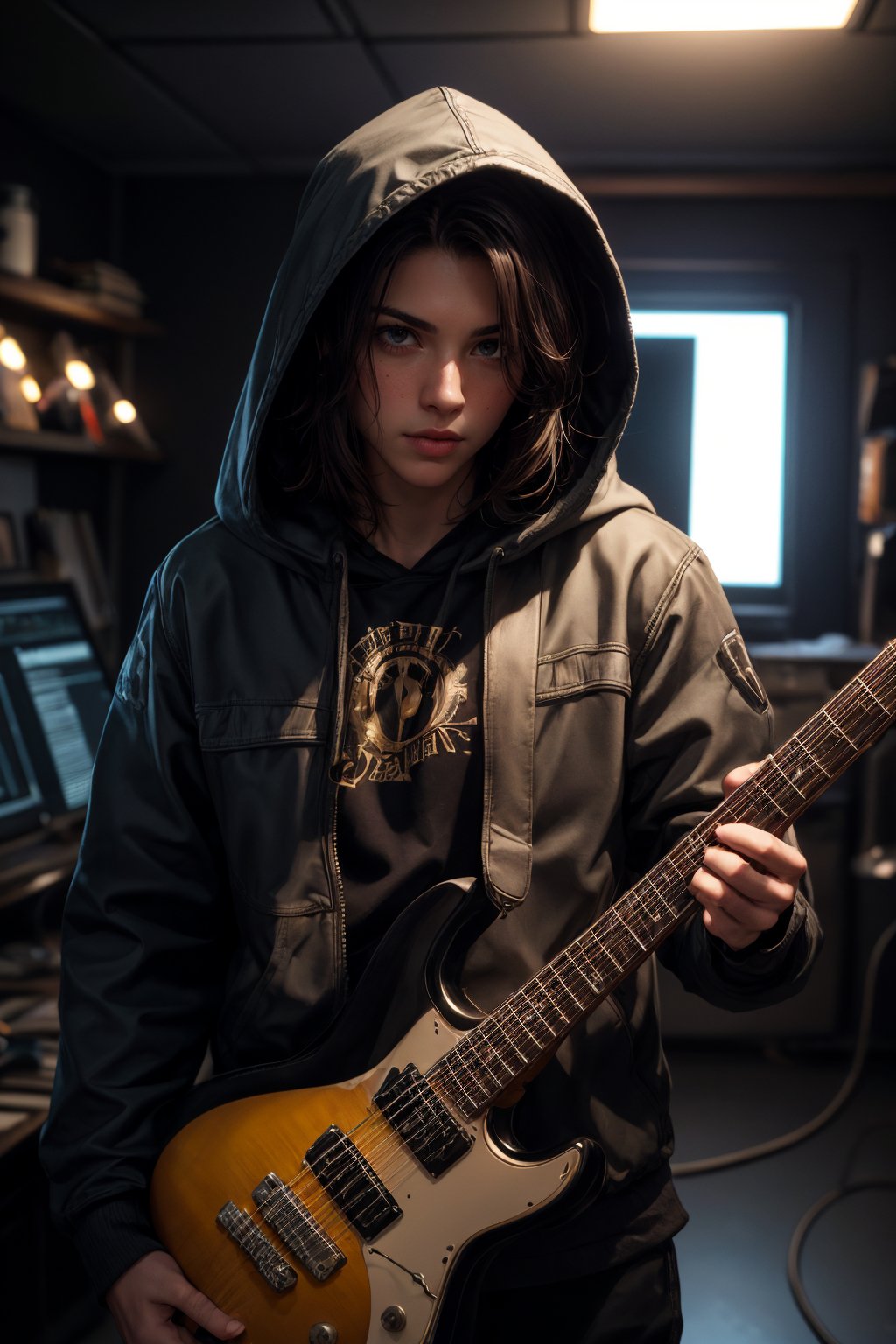 Hooded Hacker Heavy Metal guitar Player surrounded by instagram models adoring him and grab him as he plays, Depth of Field, DOF, Tilt Blur, Shutter Speed 1/ 1000, F/ 22, White Balance, 32k, Super - Resolution, Megapixel, ProPhoto RGB, VR, Lonely, Good, Massive, Halfrear Lighting, Backlight, Natural Lighting, Incandescent, Optical Fiber, Moody Lighting, Cinematic Lighting, Studio Lighting, Soft Lighting, Volumetric, Contre - Jour, Beautiful Lighting, Accent Lighting, Global Illumination, Screen Space Global Illumination, Ray Tracing Global Illumination, Optics, Scattering, Glowing, Shadows, Rough, Shimmering, Ray Tracing Reflections, Lumen Reflections, Screen Space Reflections, Diffraction Grading, Chromatic Aberration, GB Displacement, Scan Lines, Ray Traced, Ray Tracing Ambient Occlusion, Anti - Aliasing, FKAA, TXAA, RTX, SSAO, Shaders, OpenGL - Shaders, GLSL - Shaders, Post Processing, Post - Production, Cel Shading, Tone Mapping, realistic, Realistic Human, CGI, VFX, SFX, insanely detailed and intricate, hypermaximalist, elegant, hyper realistic, super detailed, dynamic pose, photography, 8k --q 2 --v 5.1 --style raw --s 50s