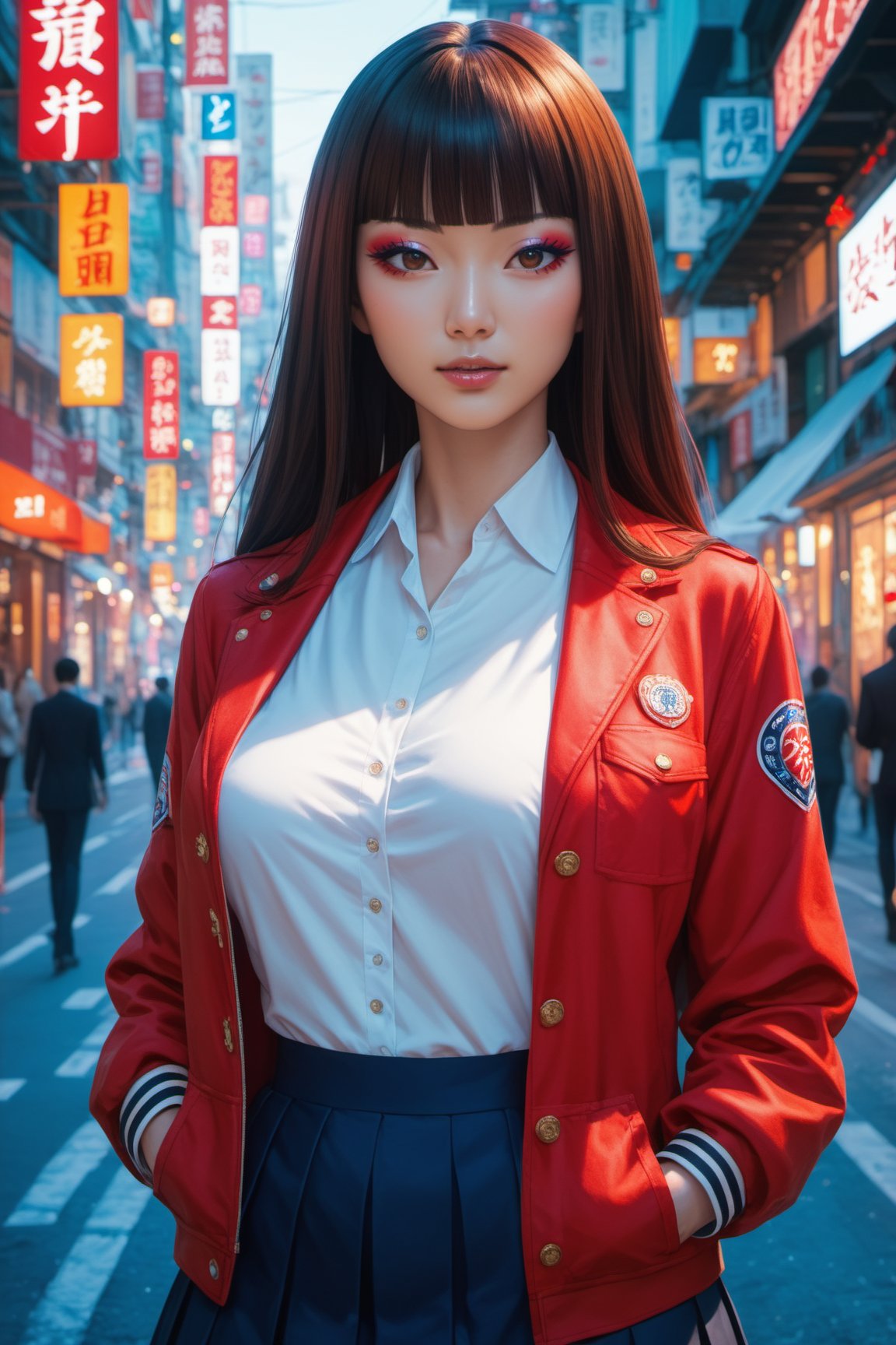 score_9, score_8_up, score_7_up, score_6_up, beautiful japanese girl, 18 year old, long brown hair, blunt bangs, makeup, school uniform, mini skirt, open jacket, red jacket, hands on pocket, large breasts, street, detailed background, highly detailed, vibrant colors, cowboy shot