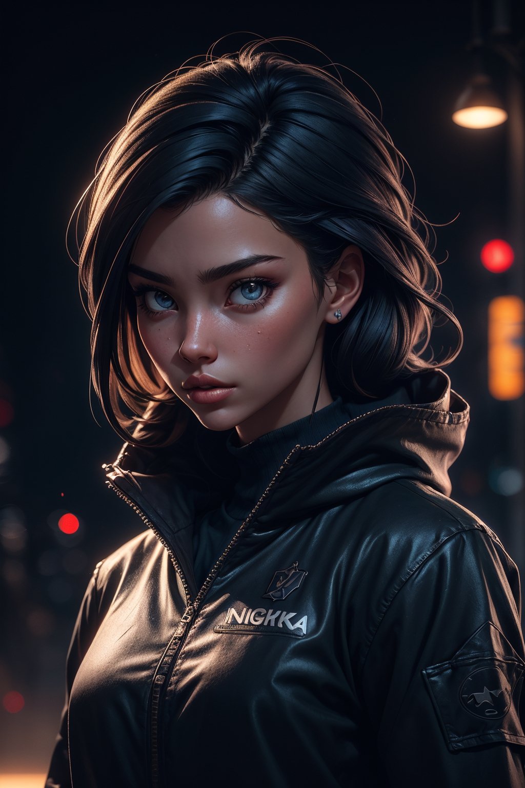 girl 20 years old,party background, unsaturated background, bokeh,dark theme,calm, tones, muted colors, high contrast,(adjusting hair),(natural skin texture, hyperrealism, soft light, sharpness),high detail,urban techwear, neonnightKA,orcaeffectKA