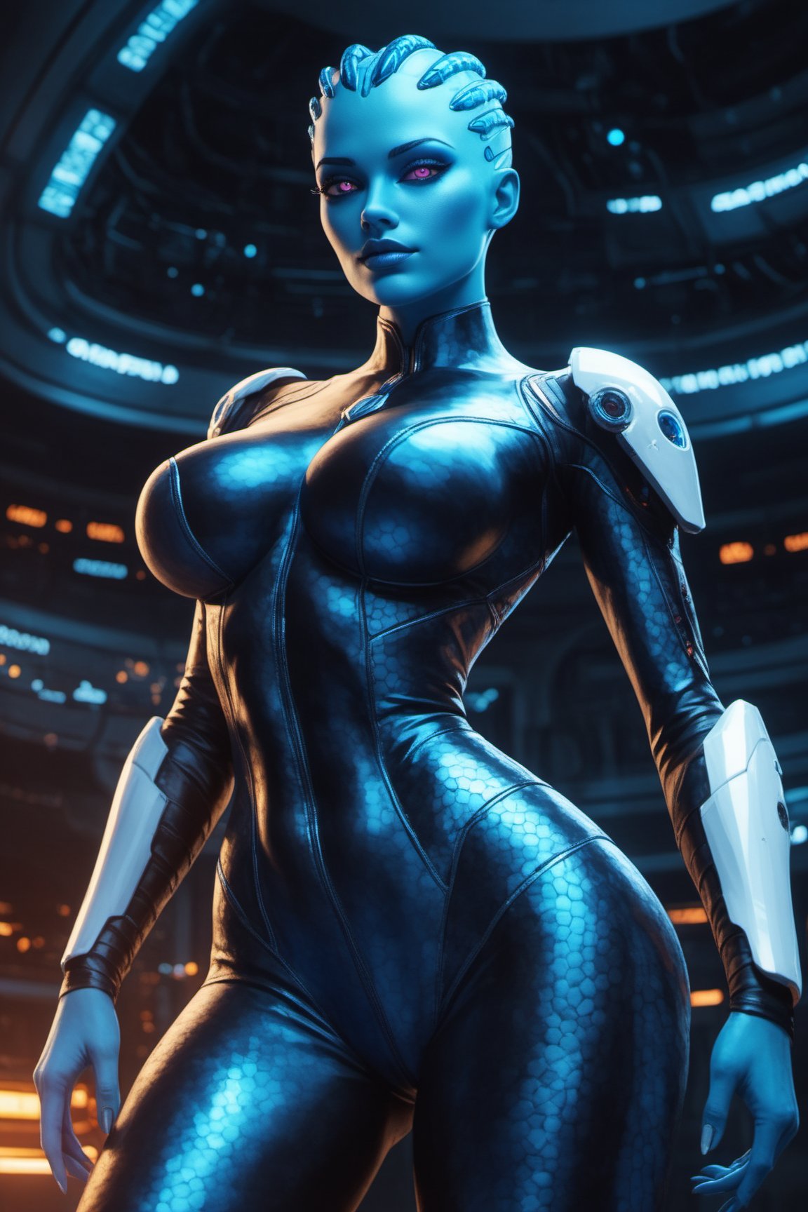 score_9, score_8_up, score_7_up, score_6_up, score_5_up, beautiful alien girl, blue skin. asymetrical short hair. Large breasts, narrow waist, huge hip. cinematic pose, spaceship, sci-fi, spaceship background. aesthetic bodysuit Armor, neon_veins on bodysuit. vibrant colors, looking_at_viewer,