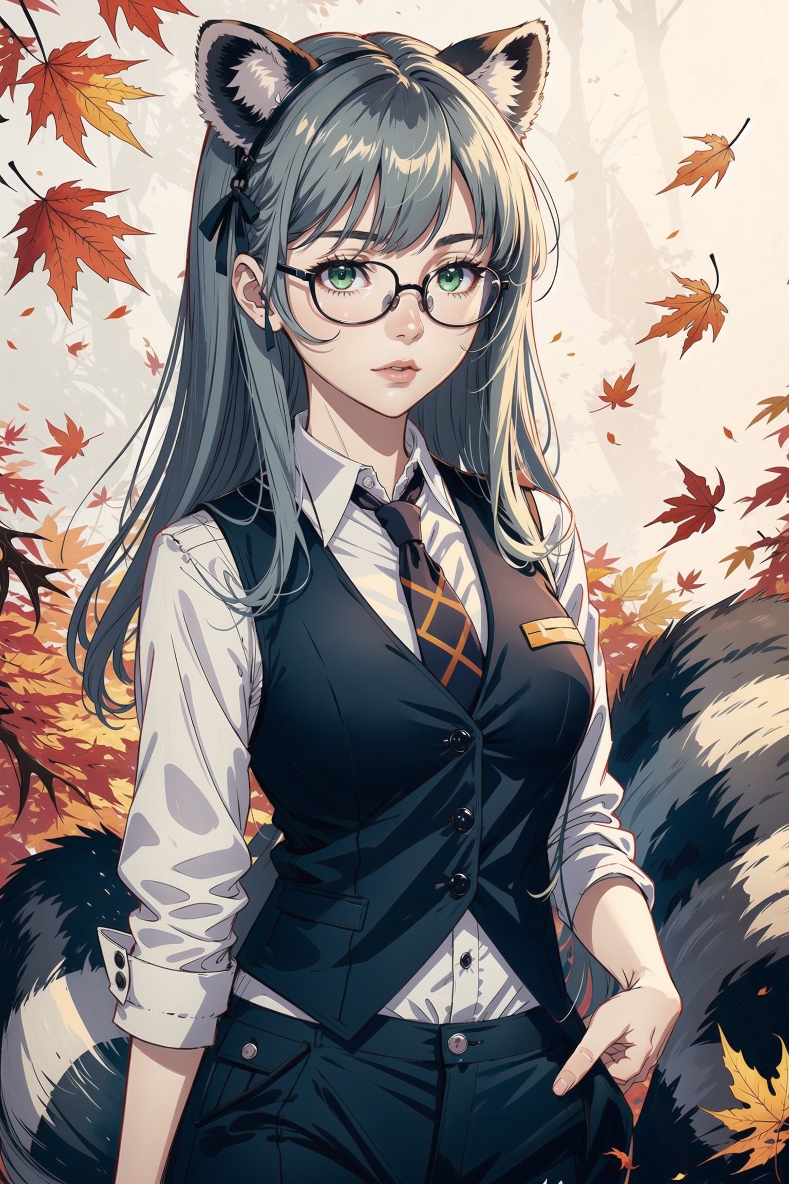 1girl ,animal ears, autumn leaves, extra ears, glasses, green eyes, grey hair, kiseru, long hair, looking at viewer, necktie,pants , raccoon ears, raccoon girl, raccoon tail, shirt, solo, tail, vest