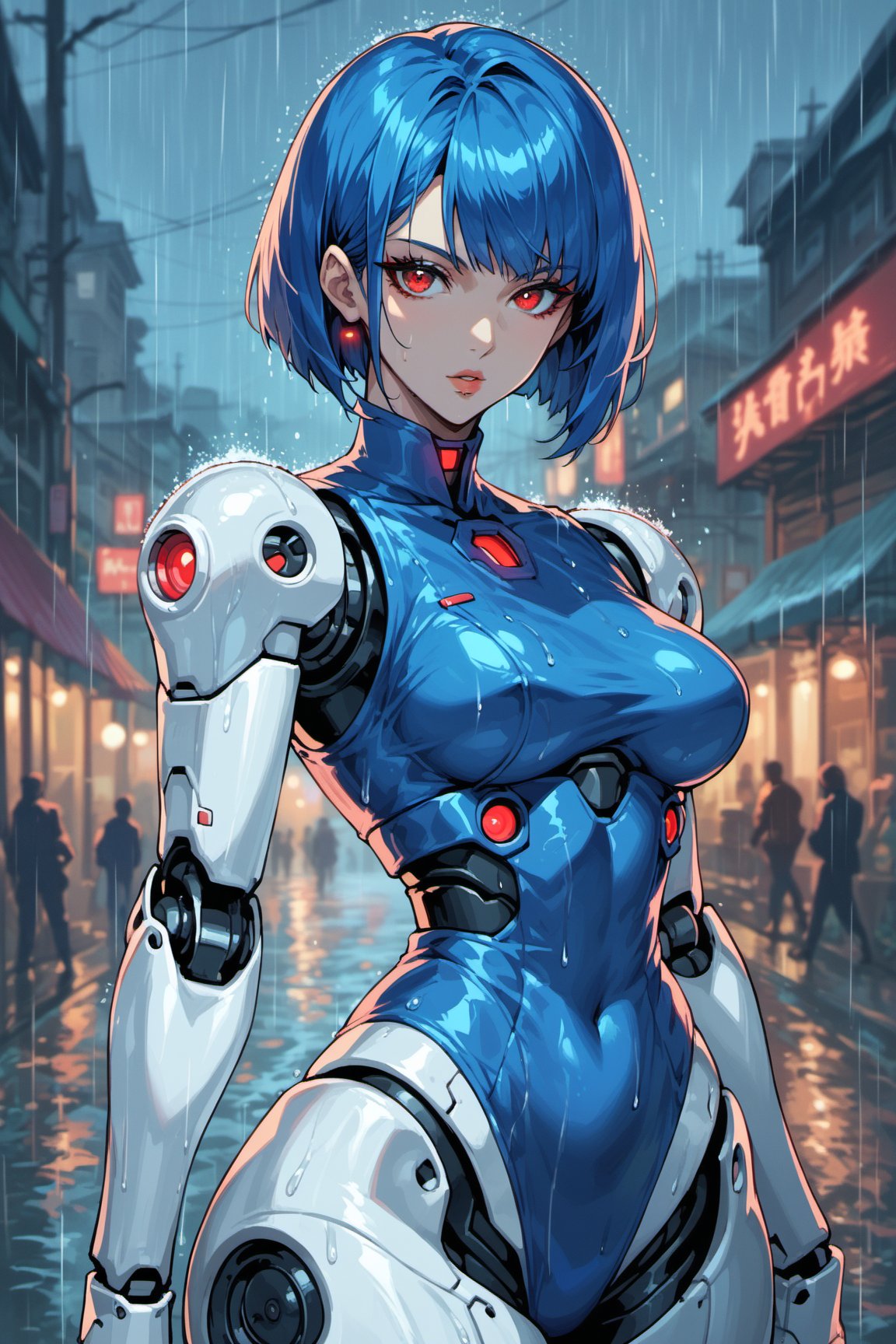 score_9, score_8_up, score_7_up, robot, looking at viewer, short hair, bangs, red eyes, blue hair, natural lips, thin waist, huge hip, depth of field, glowing, rain, android, cyborg, robot joints,