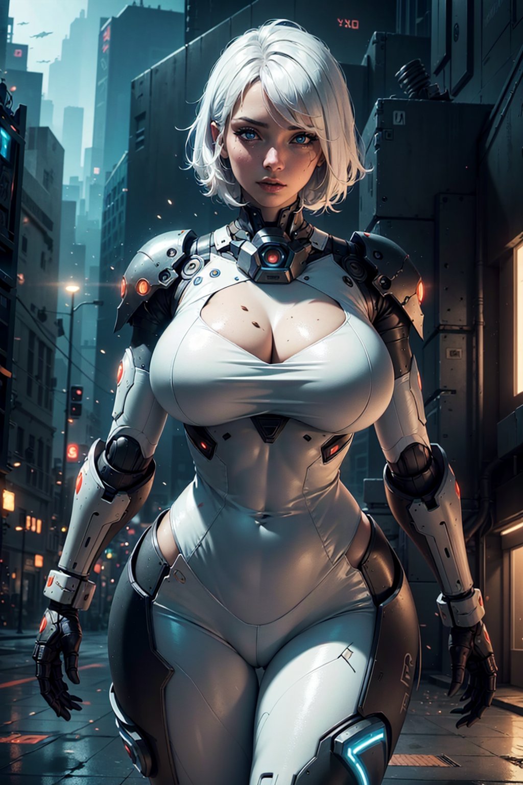 1girl, white hair, huge breasts, cleavage, battle suit, Armor, futuristic, sci-fi, cyberware, cybertech, post war, Destroyed, city, catastrophic, huge breasts, narrow waist, skinny, huge hip, large pelvic

masterpiece, best quality, realistic, ultra highres, depth of field, (full dual colour lighting:1.2), (hard dual colour lighting:1.4), (detailed face:1.2), (detailed eyes:1.2), (detailed background), (masterpiece:1.2), (ultra detailed), (best quality), intricate, comprehensive cinematic, magical photography, (gradients), colorful, detailed landscape, visual key,QRobot