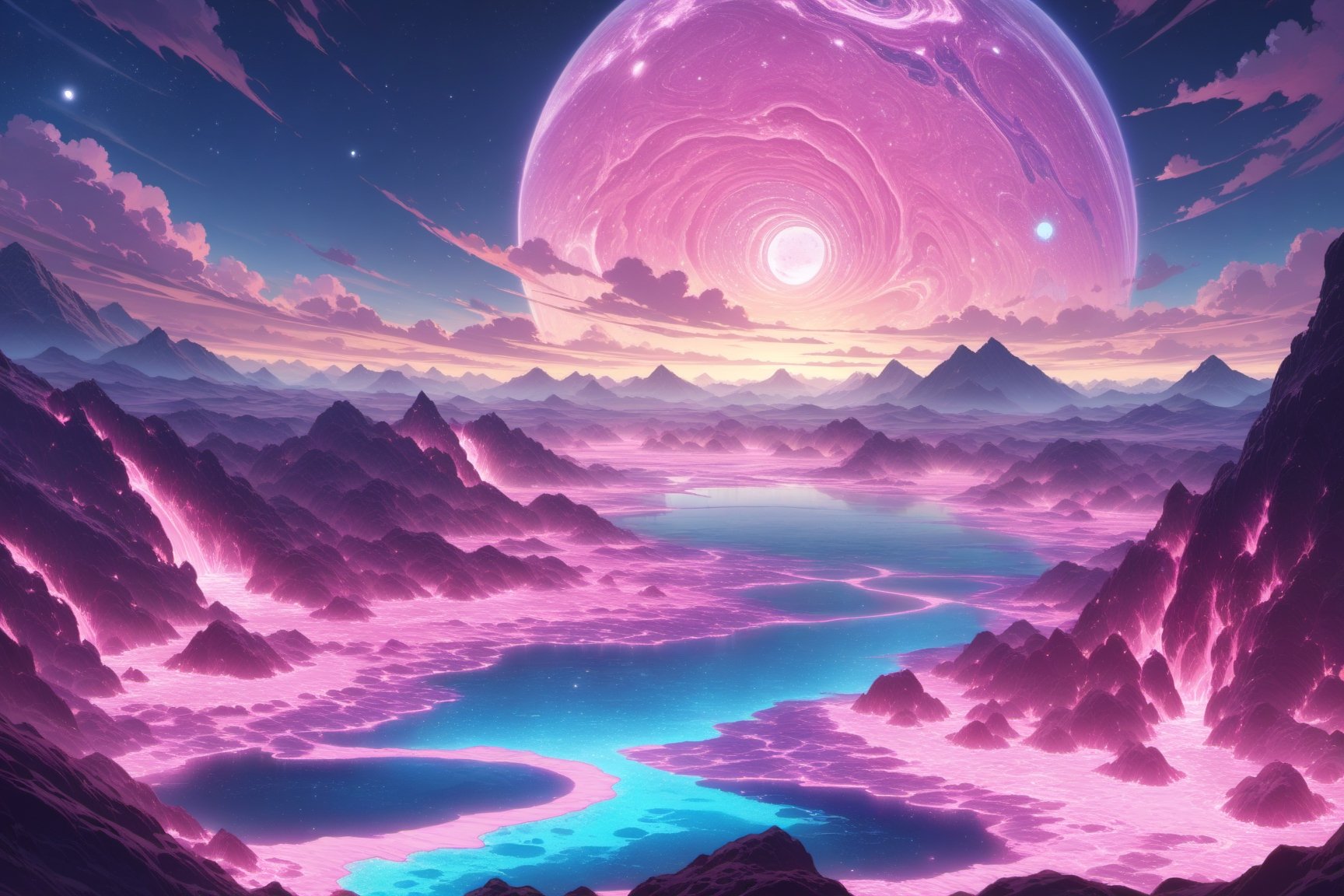 Alien planet,  blue terrains,  pink lava river by Keith on Tensor.Art