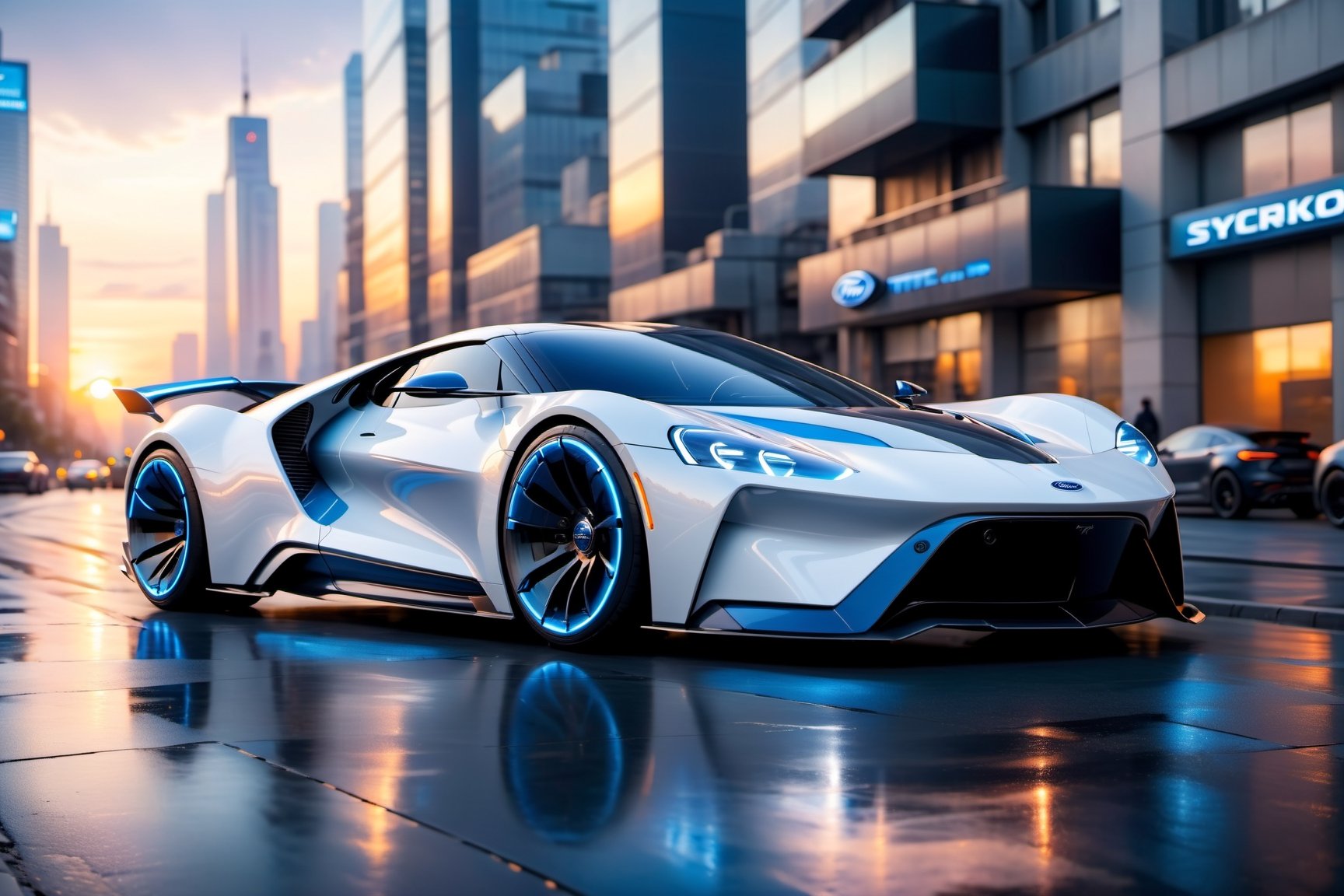 A futuristic hi-tech Super Car inspired by ford, Cyberpunk-inspired Super Car, Blue and White, (Black wheels),
on the road in city area background, at sunset time, front view, symmetrical, 