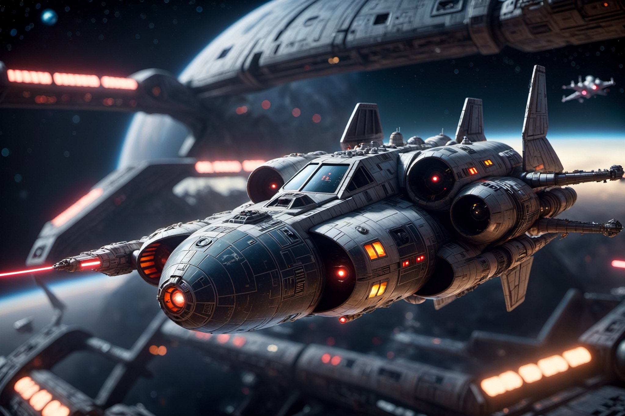 cinematic film, star wars, futuristic, outer space station, battle spaceship, star wars livery, night, depth of field, highly detailed, high budget, bokeh, cinemascope, moody, epic, gorgeous, 4k, hdr, smooth, sharp focus, high resolution,