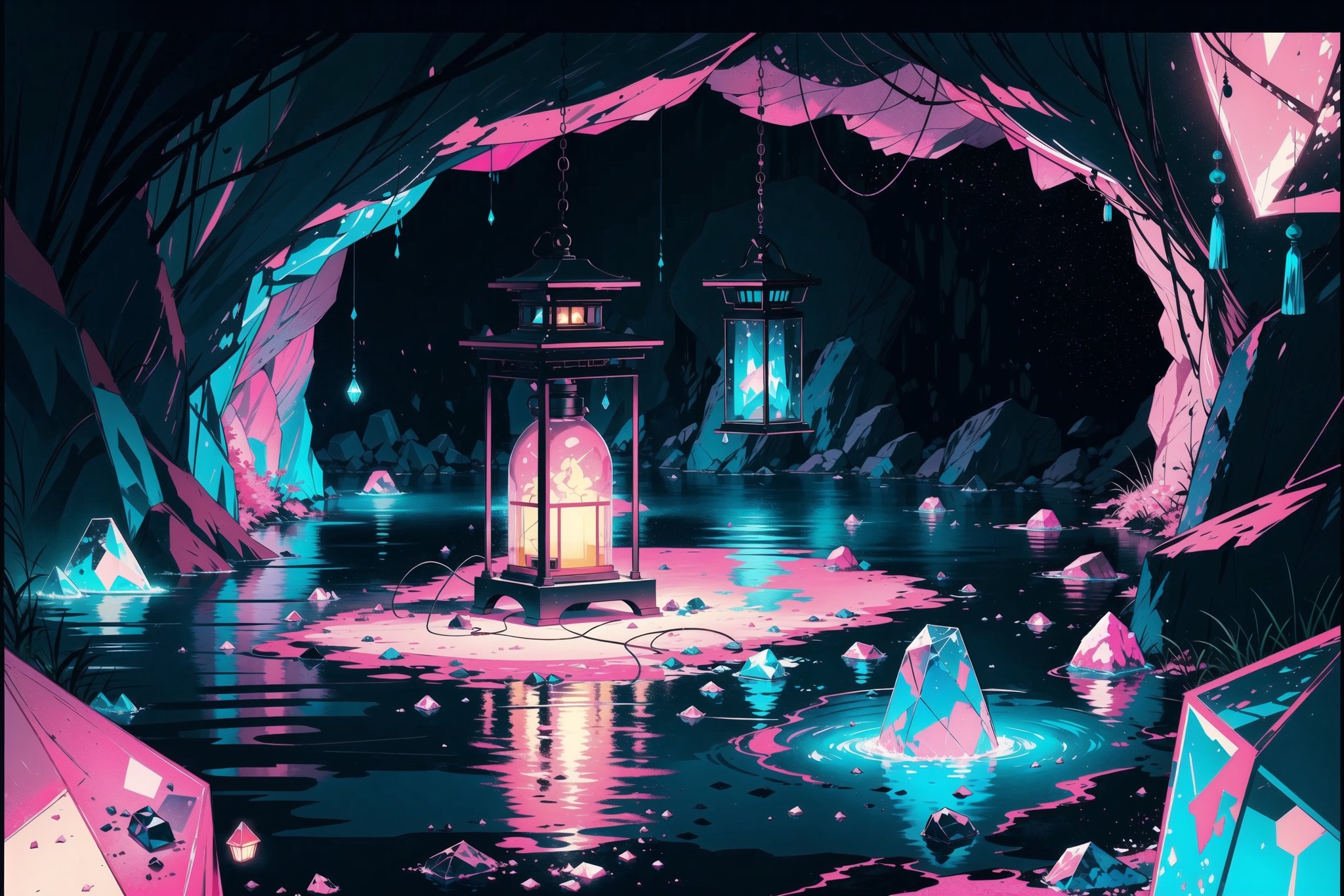  black border, blue light, border, cave, cave interior ,crystal,crystal shard, distortion, glitch, hanging lantern, landscape, lantern,limited palette, neon palette, no humans, pink gemstone, pink light, rock, wet floor