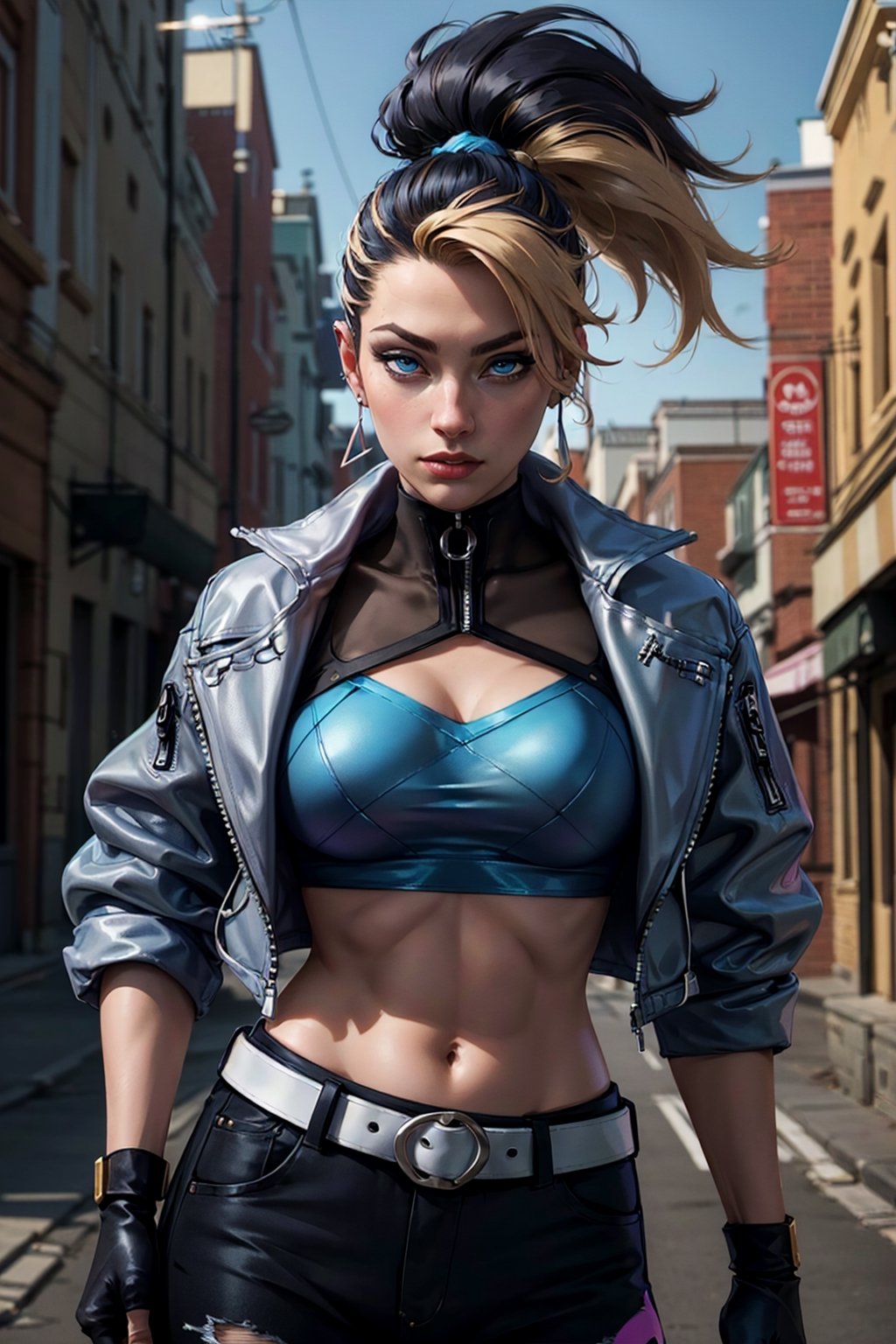 masterpiece, best quality, highres, akali, 1girl, k/da \(league of legends\), solo,  (black hair:1.1), blonde hair, m, (multicolored hair:1.1), jewelry, fingerless gloves, cropped jacket, midriff, earrings, two-tone hair, open jacket, black gloves, black pants, crop top, blue eyes, belt buckle, ponytail, cowboy shot, standing, english text, lamp post, large breasts, detailed face, detailed eyes,