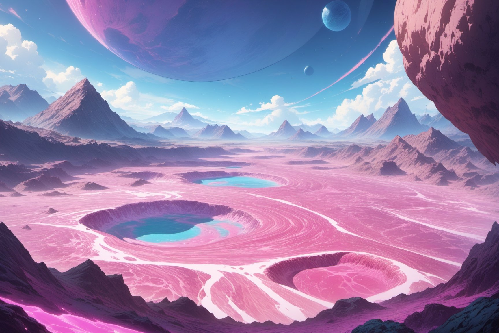 Alien planet,  blue terrains,  pink lava river by Keith on Tensor.Art