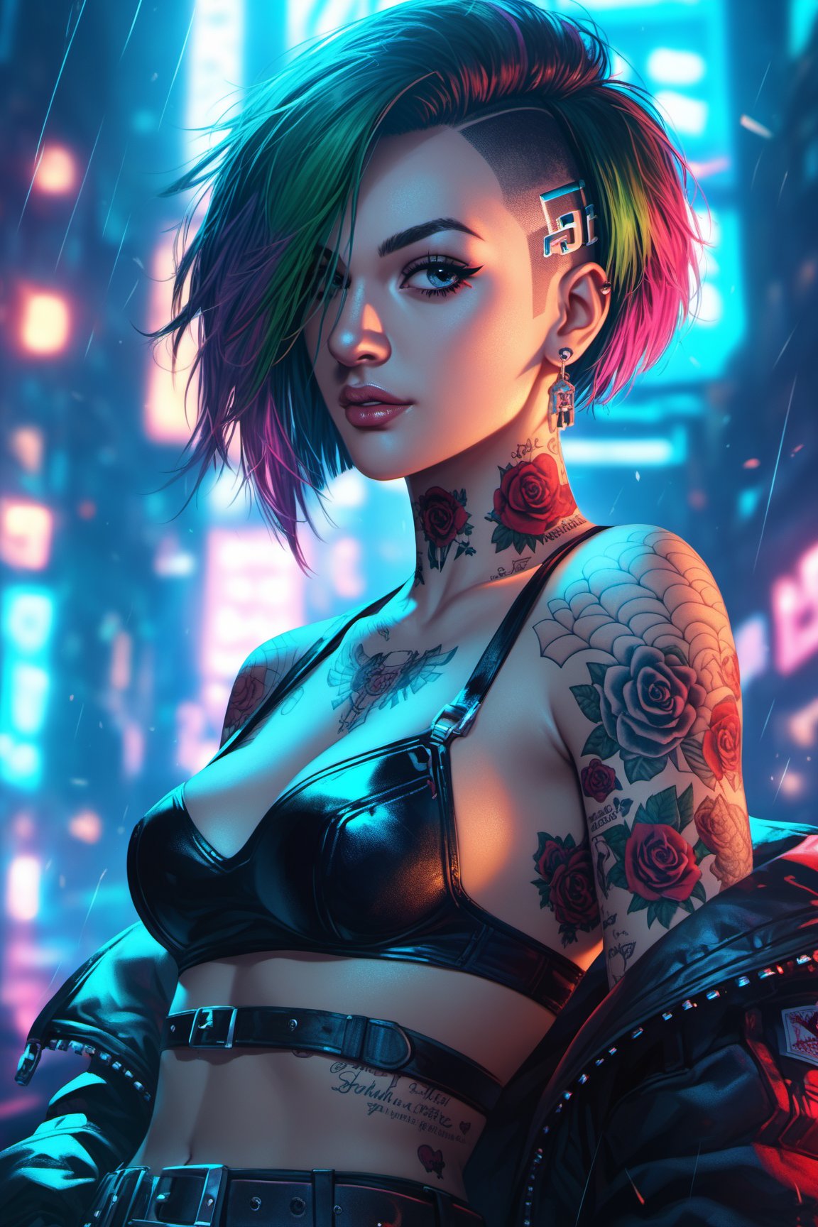 score_9, score_8_up, score_7_up, On the cybernetic streets of Night City, Judy Alvarez from "Cyberpunk 2077" works on a neon-lit tech project. Her tattooed arms and focused gaze accentuate her tech-savvy skills and rebellious allure, making her a standout character in a dystopian world.