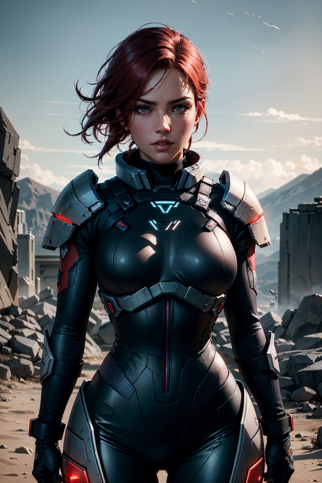 cowboy shot of commander shepherd, weapon on back, medium Breast, red hair, mass effect, cinematic