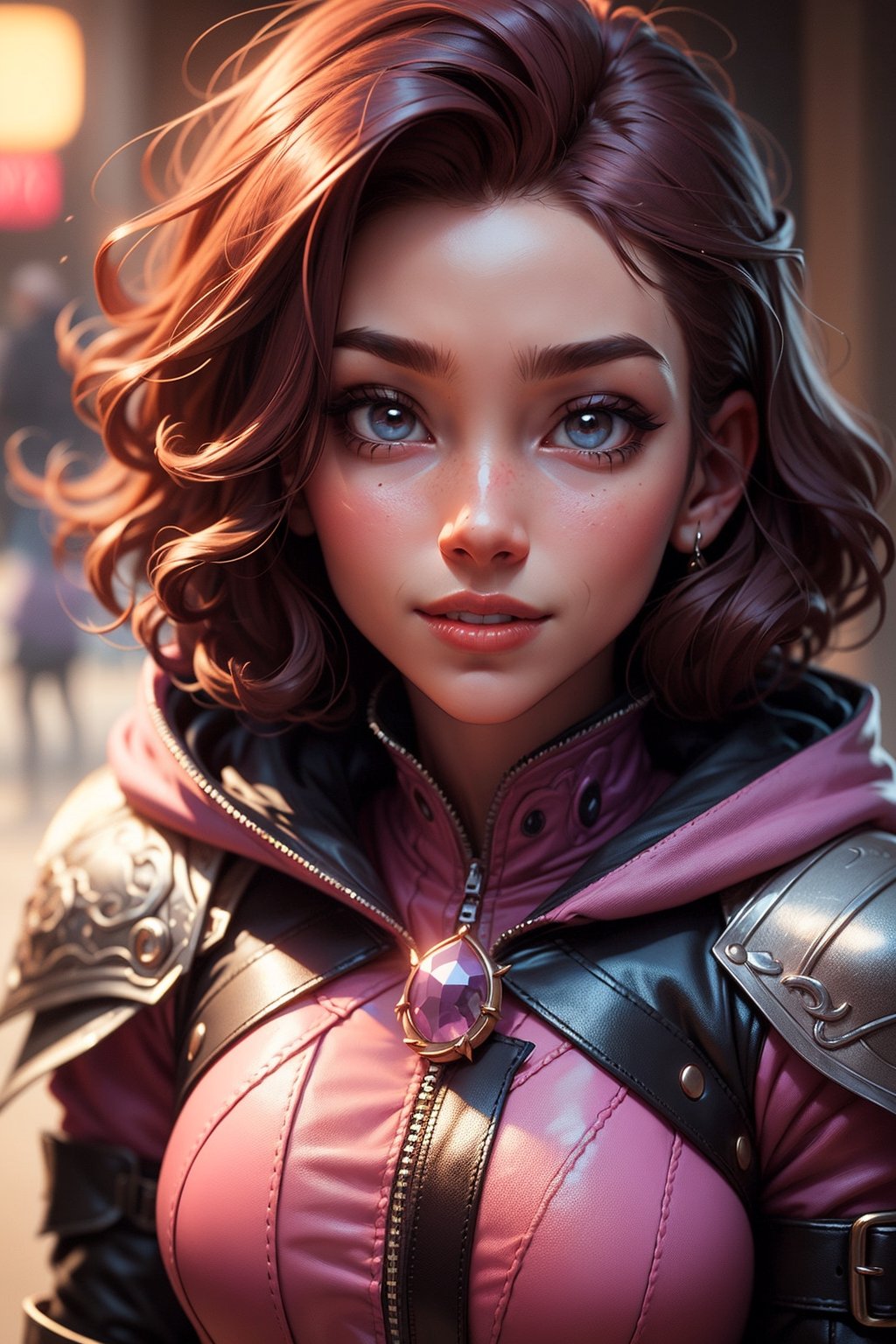 A portrait of a girl, close up of face, dorky, nerd, portrait, fantasy, thief, mage, in leather armor, purple and pink outfit, brown hair, curly hair, smirk, goofy expression, hood,