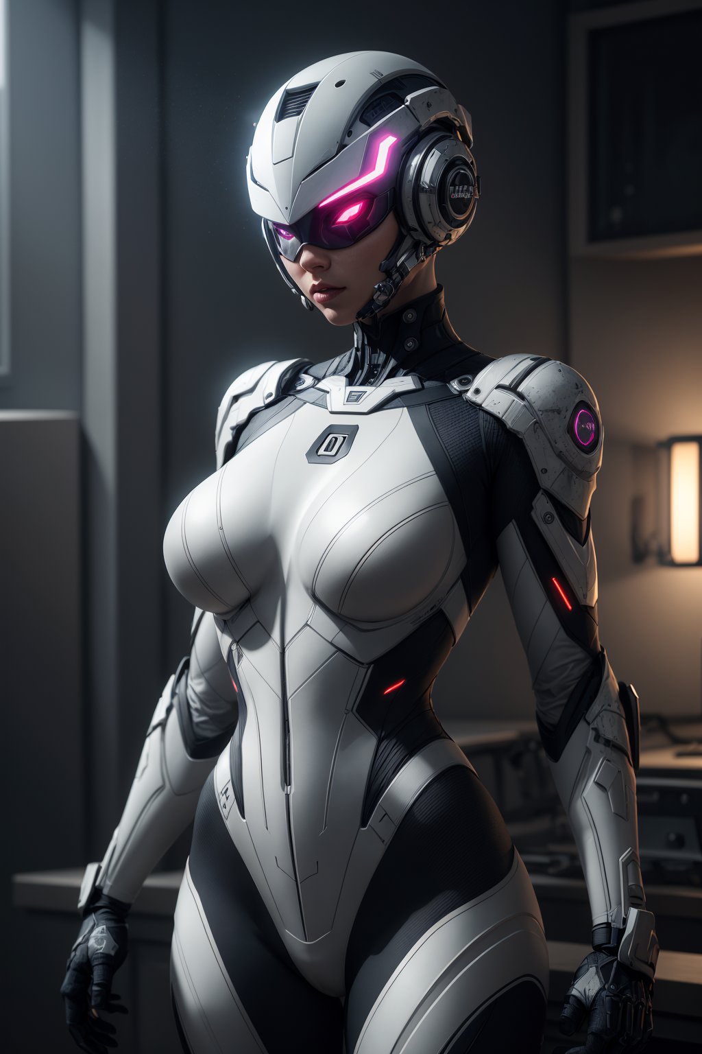 armed female figure in a white sci-fi suit,  detailed cyber helmet,  bald head by Keith on Tensor.Art