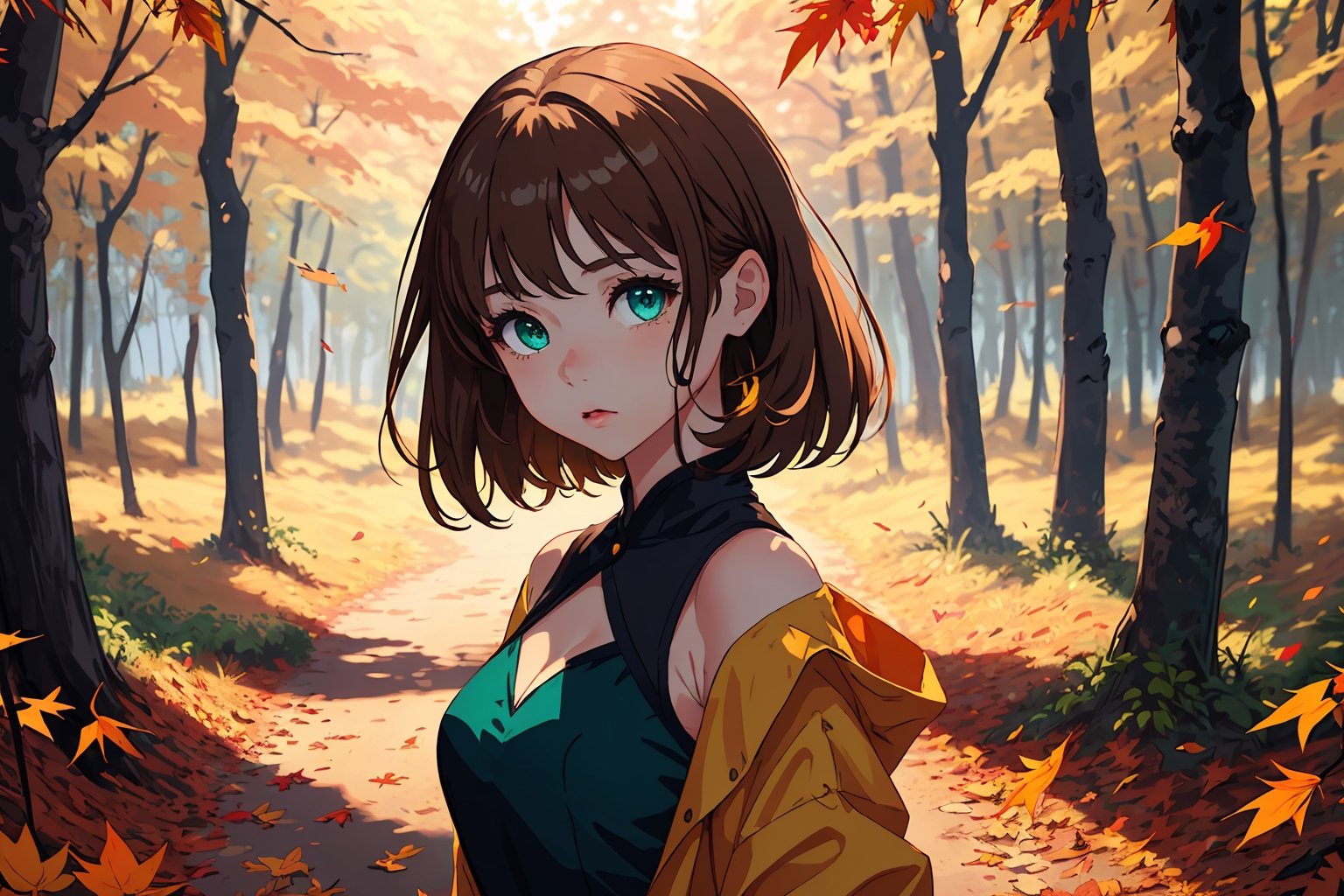 (best quality, masterpiece), 1girl, looking at viewer, blurry background, blue ans Green eyes, inner Iris Green, outer Iris blue, upper body, contemporary, yellow Dress, light Brown Hair, autumn forest with falling leaves in the Background, 