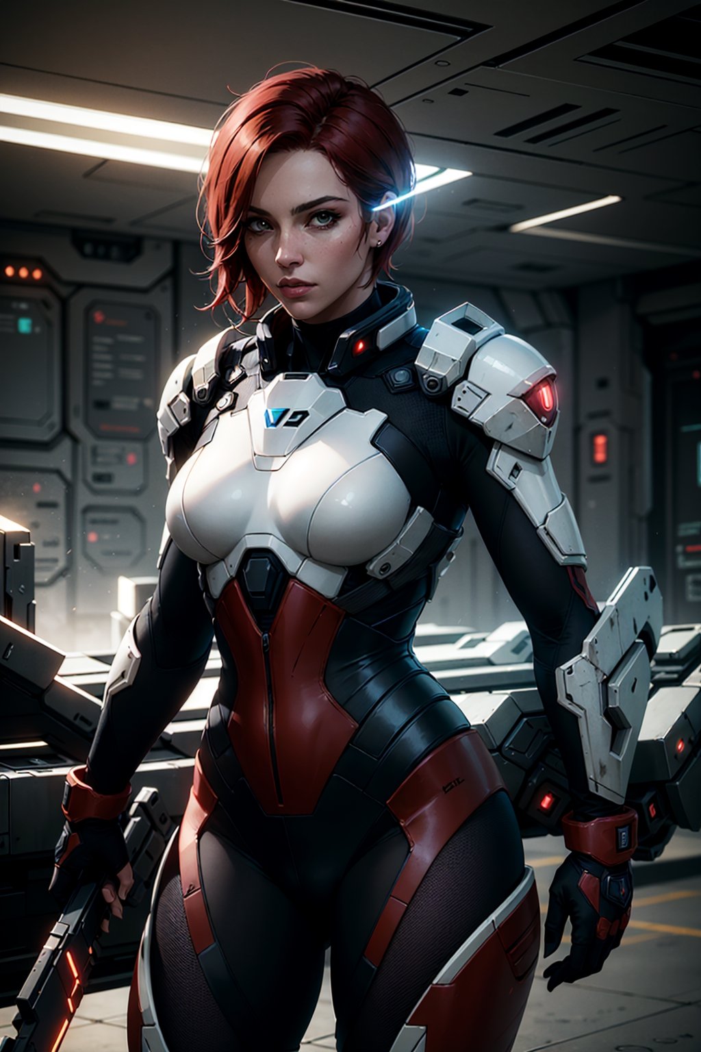 (masterpiece, best quality, volumetric lighting), cowboy shot of commander shepherd, weapon on back, medium Breast, red hair, mass effect, futuristic battle suit