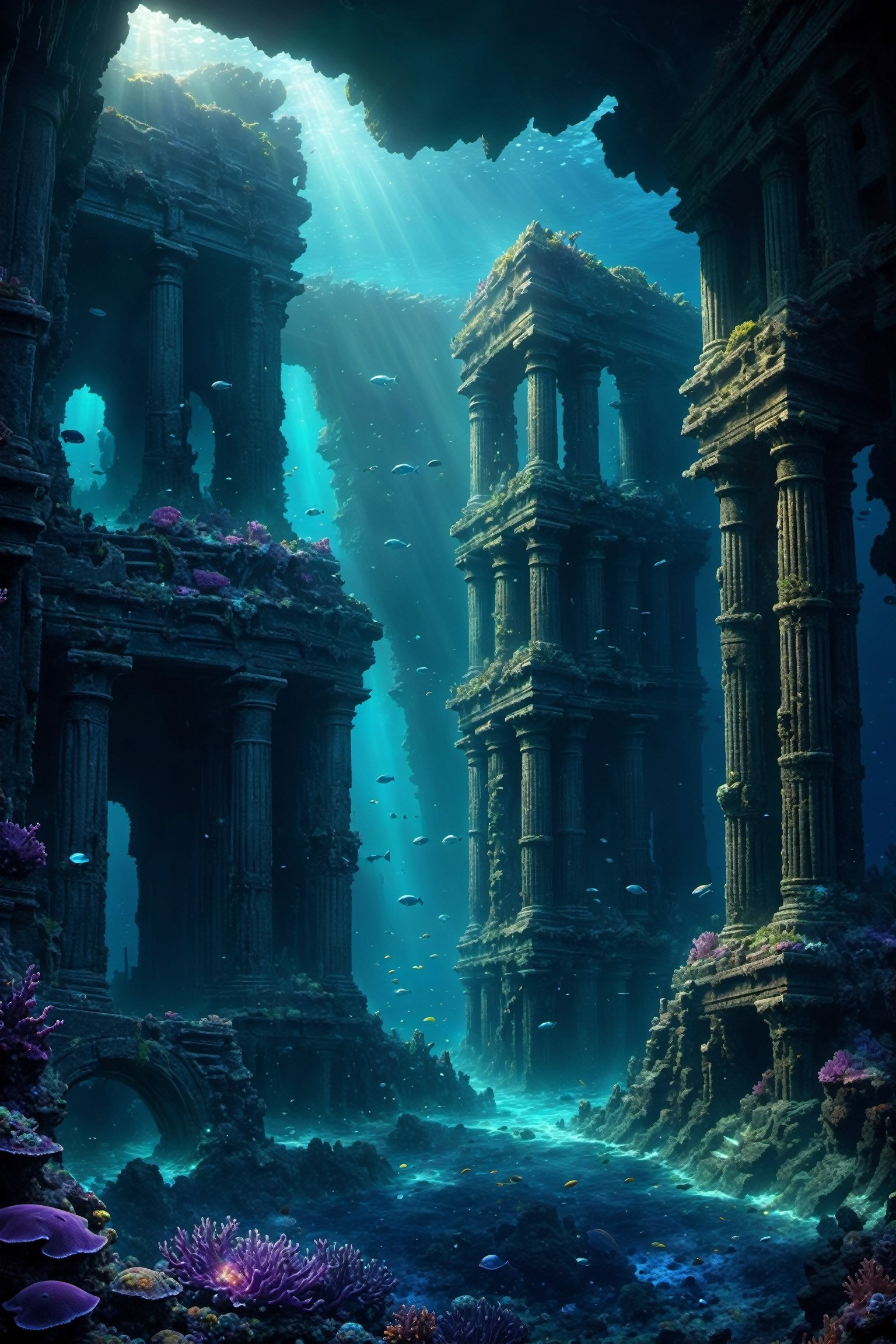 (digital illustration:1.2),  Oceanic Abyss ruins ,deep sea warriors,Legendary and Ephemeral,Iridescent,extremely detailed,stunning,Depth of field,