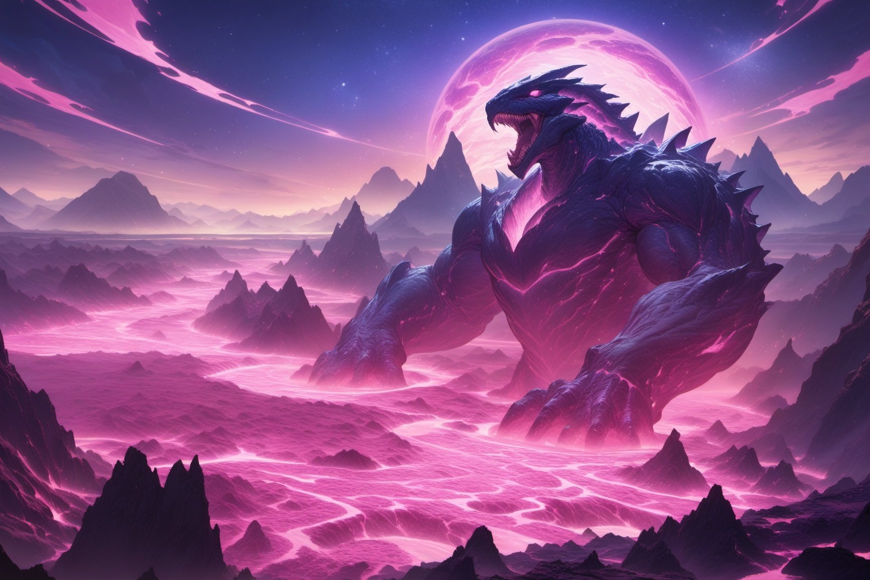 Alien planet,  blue terrains,  pink lava river by Keith on Tensor.Art