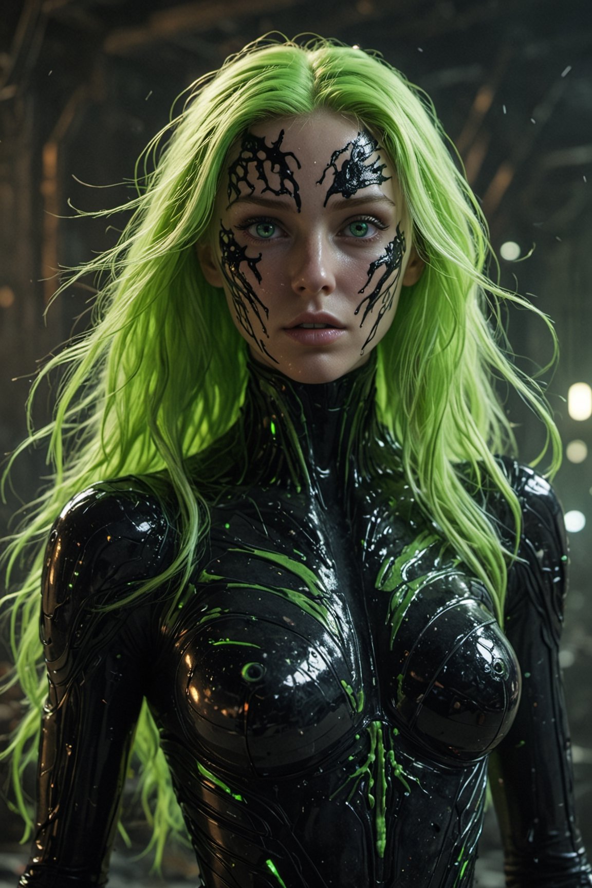 Mutated_face, symbiote, curvy hip, Biopunk, mutant. Green eyes, lime green long hair. black liquid dress. ruins tech, spaceship. cinematic, particles, ethereal glow, atmosphere, volumetric lighting. sharp eyes, 