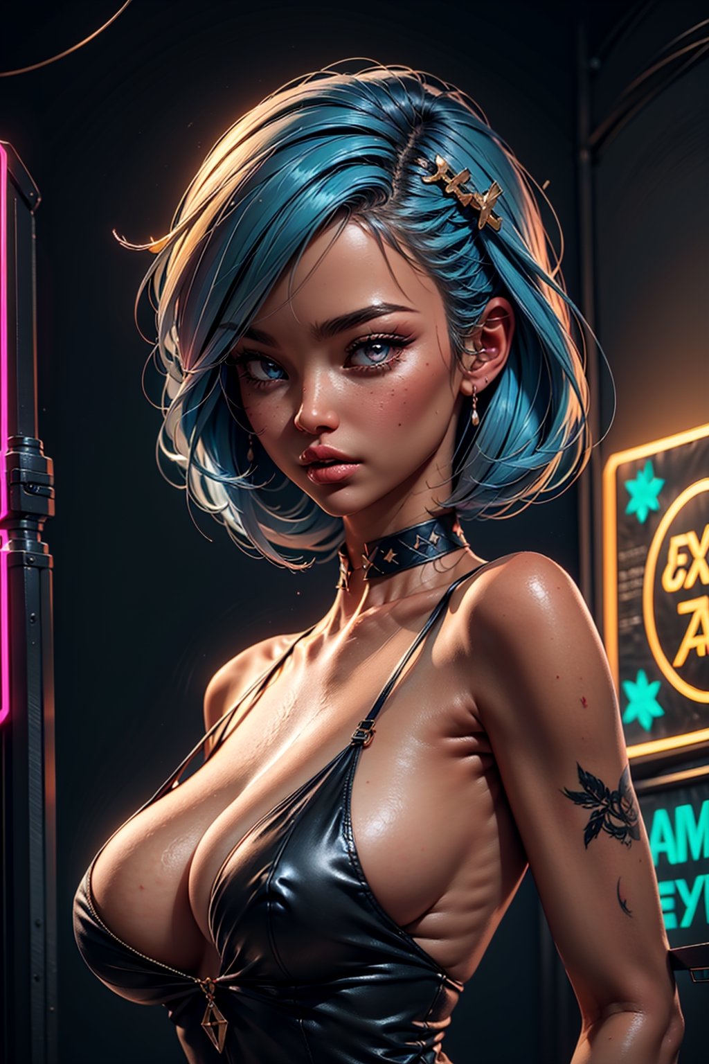 1girl, large breasts, short hair, asymmetrical hair, sexy look, sexy dress, sexy pose, indoors, cinematic, chromatic_aberration, bare shoulders, large cleavage, (sideboobs, breasts overflow:1.1), 
Masterpiece, best quality, ultra resolution, high resolution, HDR, volumetric light,High detailed ,perfecteyes,neonnightKA