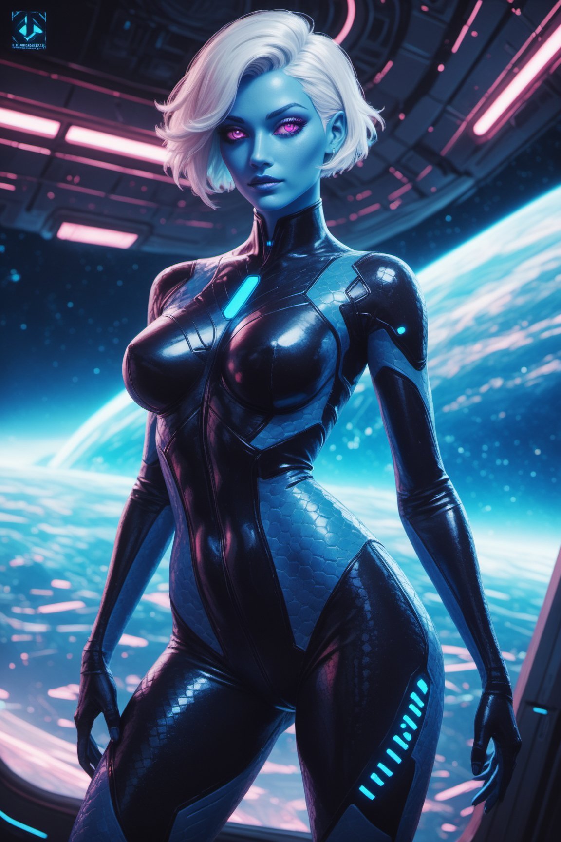 score_9, score_8_up, score_7_up, score_6_up, score_5_up, beautiful alien girl, blue skin, asymetrical short hair, cinematic pose, spaceship, sci-fi, detailed spaceship background, aesthetic bodysuit, glowing neon_veins on bodysuit, vibrant colors, cowboy shot