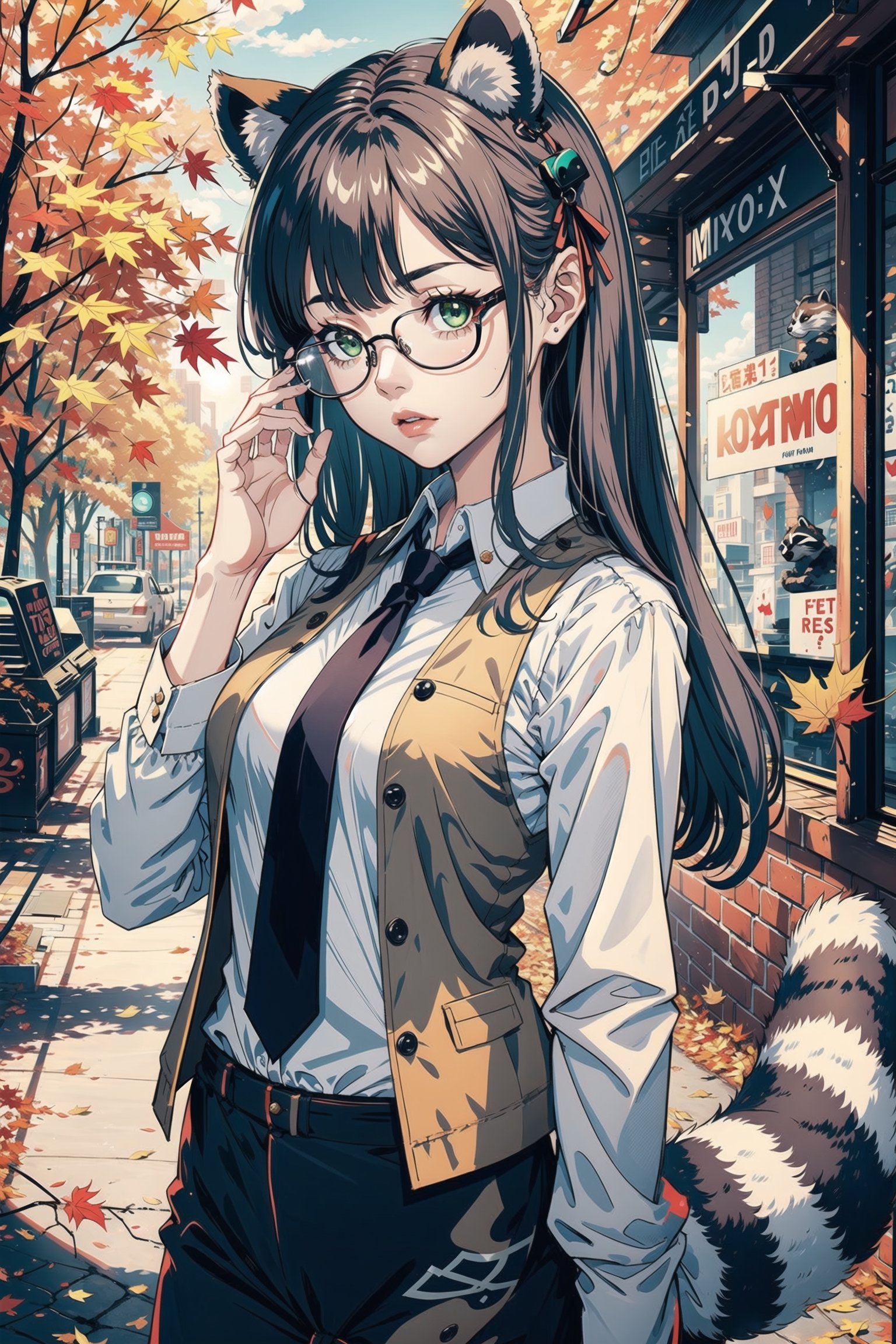 1girl ,animal ears, autumn leaves, extra ears, glasses, green eyes, grey hair, kiseru, long hair, looking at viewer, necktie,pants , raccoon ears, raccoon girl, raccoon tail, shirt, solo, tail, vest