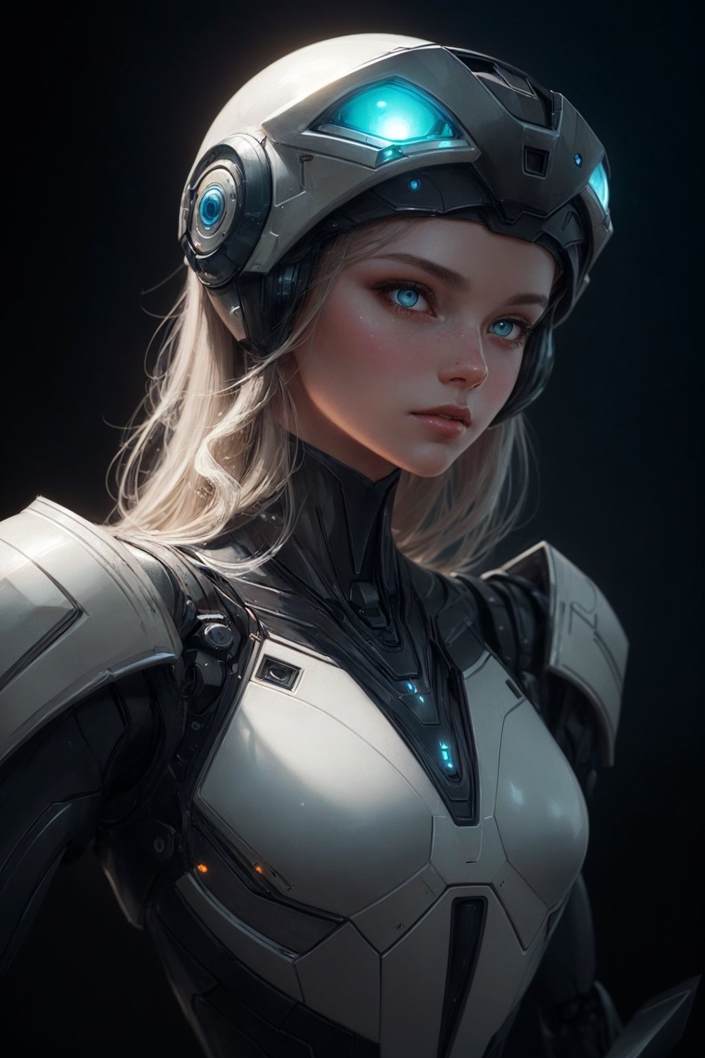 1 robot,  organic, glowing eyes,  helmet, long hair, white plastic, diffuse lighting, fantasy, intricate, elegant, highly detailed, lifelike, photorealistic, digital painting, artstation, illustration, concept art, smooth, sharp focus, art by John Collier and Albert Aublet and Krenz Cushart and Artem Demura, upper body,