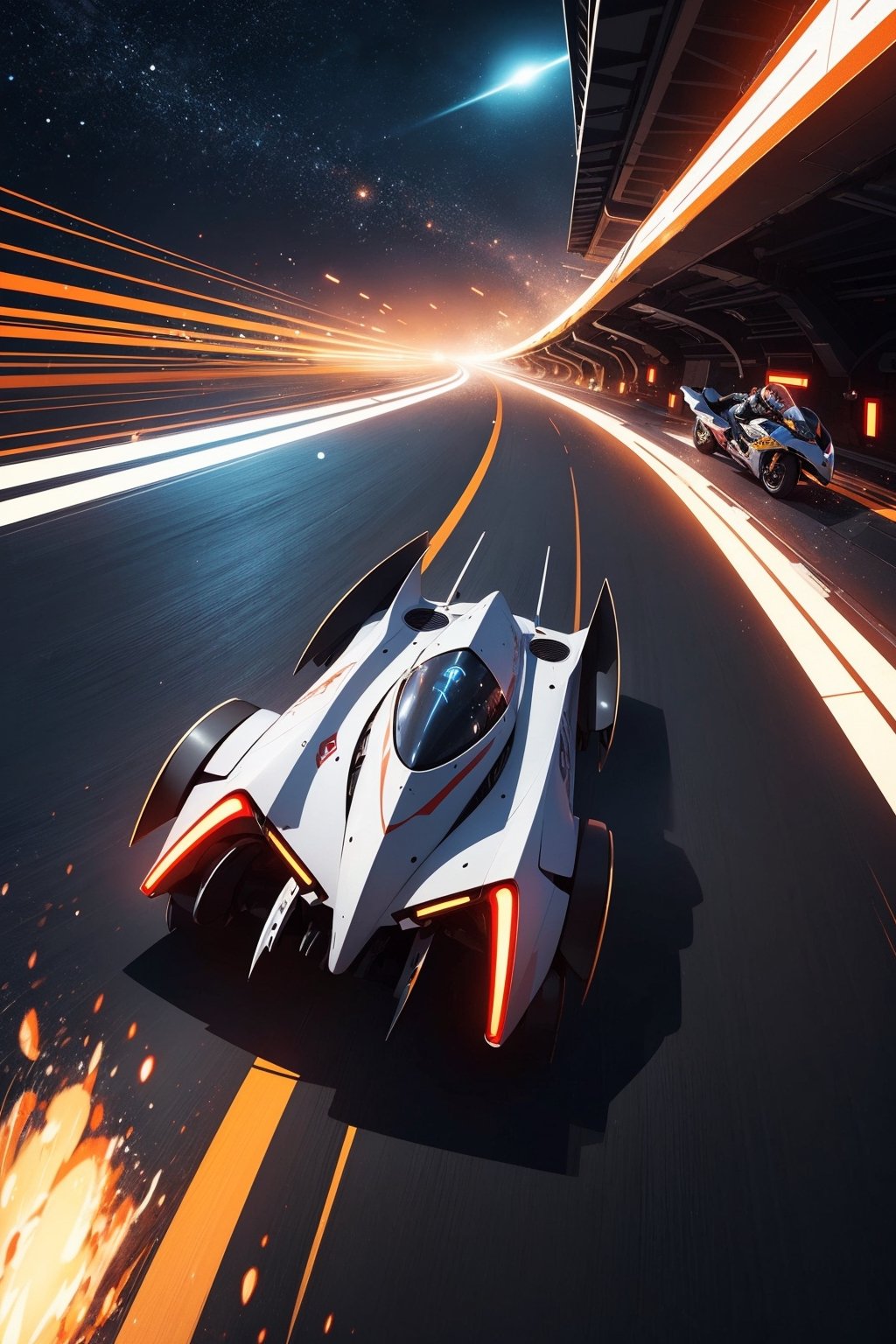 Digital art, space racing with the speed of light, a trail of intense light follows the speeding cycle, image evokes the sensation of speed, frozen movement, insane intricate detail, award winning art, raytracing, 8k, hdr, masterpiece, highly detailed, vibrant colors, minimalist, glitch aesthetic, supersymmetry