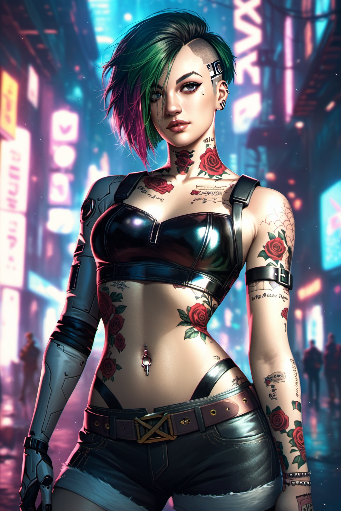 score_9, score_8_up, score_7_up, Judy Alvarez_(Cyberpunk 2077). tattooed arms, rebellious face, midriff, thin waist, large hip, in a dystopian world, cybernetic streets, Night City.