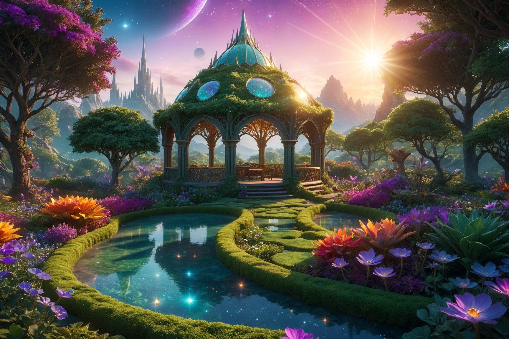  beautiful celestial elven garden at sunrise, dantasy world ,  cosmic, sublime, surreal, vibrant colors, ultra realistic, hyper detailed :1, Desktop background, cinematic light, dynamic composition, elegant, epic, intricate, highly detail, professional still, designed, clear, cute, magic, spiritual, sharp focus, winning, open, new, unique, attractive, creative, amazing, wonderful,DonMC3l3st14l3xpl0r3rsXL