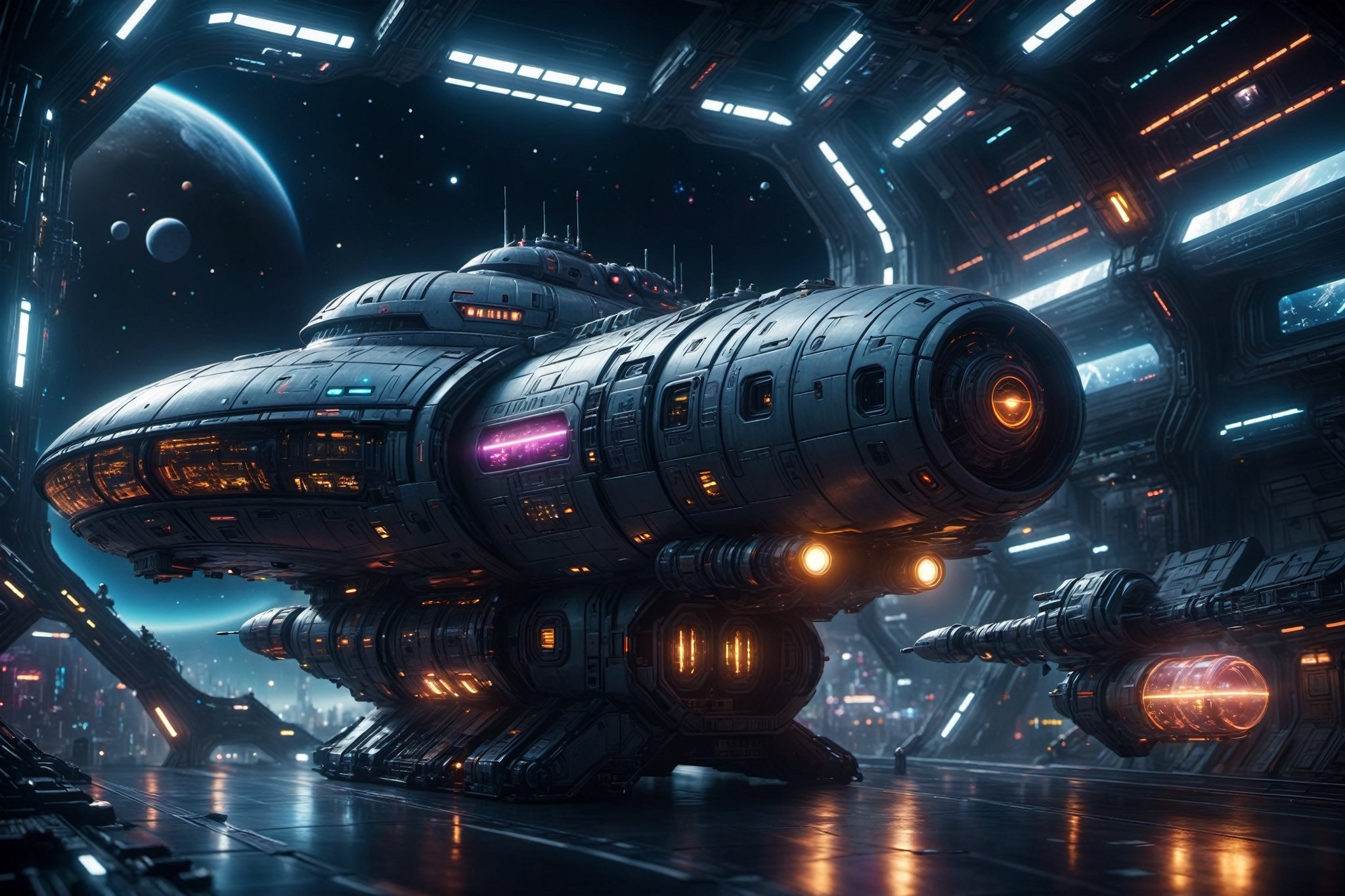 cinematic film futuristic, outer space station, battle spaceship, cyberpunk livery, night, depth of field, highly detailed, high budget, bokeh, cinemascope, moody, epic, gorgeous, 4k, hdr, smooth, sharp focus, high resolution,