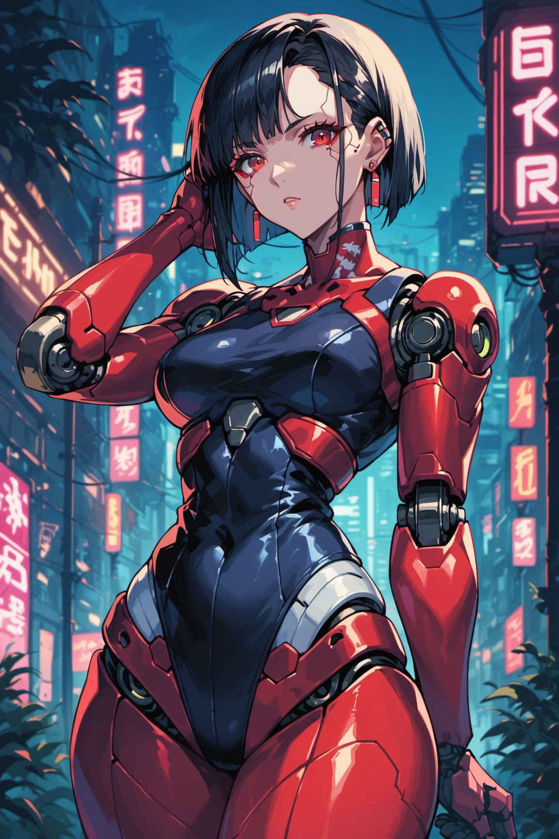 score_9, score_8_up, score_7_up, 1girl, solo, robot girl, mechanical girl, robotic face, black hair, neon lights, wire chords, ports, bangs, red eyes, earrings,cyberpunk, mechanical joints, thin waist, large hip