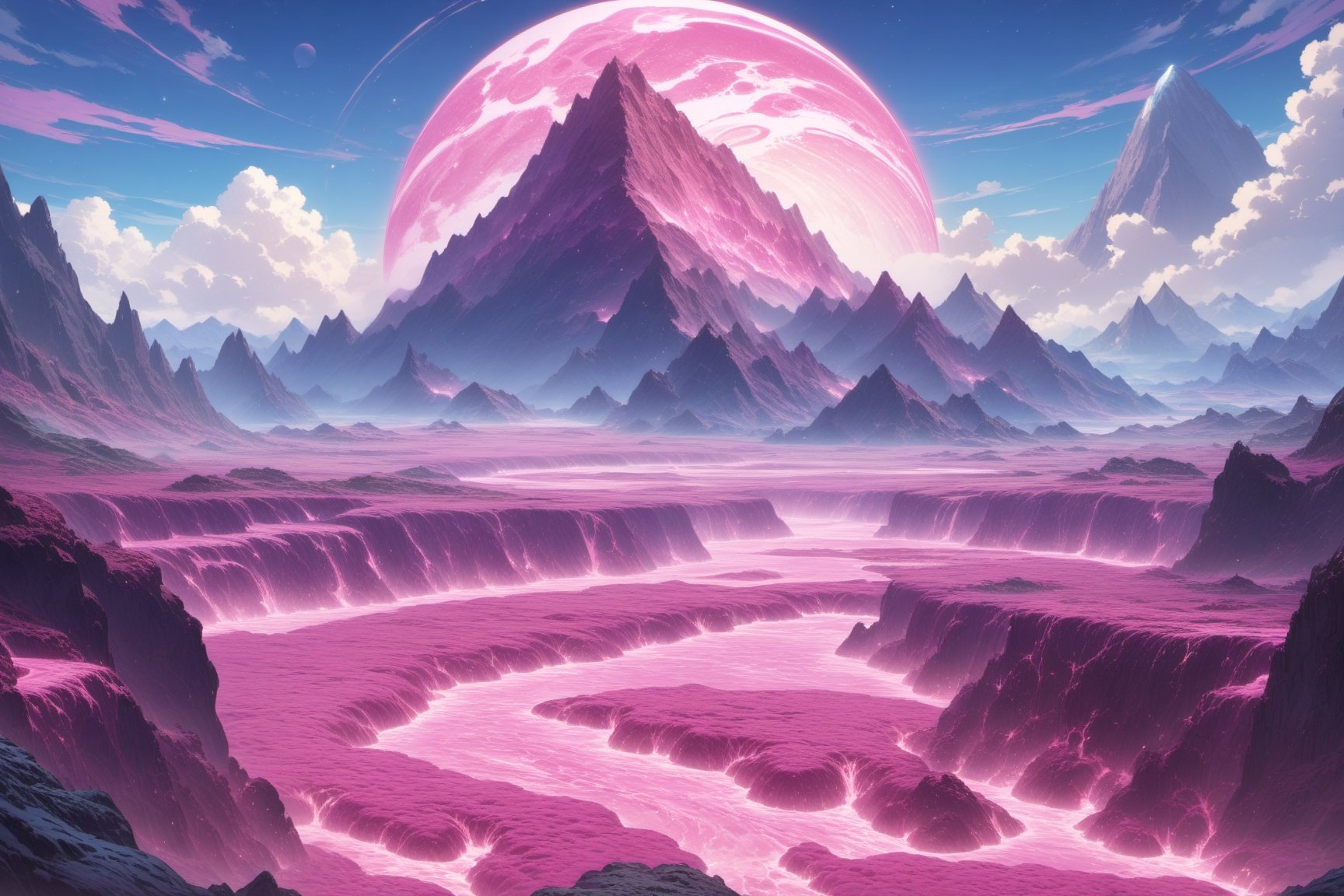 Alien planet,  blue terrains,  pink lava river by Keith on Tensor.Art