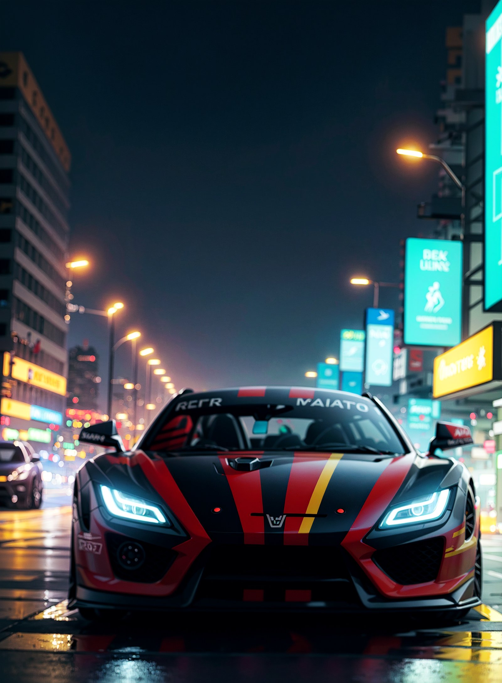 (digital artwork), Super car, wide body kit, modified car, racing livery, rainingmasterpiece, best quality, realistic, ultra highres, depth of field,(full dual colour neon lights:1.2), (hard dual colour lighting:1.4), (detailed background), (masterpiece:1.2), (ultra detailed), (best quality), intricate, comprehensive cinematic, magical photography, (gradients), colorful, detailed landscape, visual key,