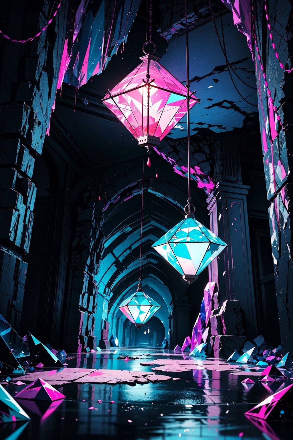  black border, blue light, border, cave, cave interior ,crystal,crystal shard, distortion, glitch, hanging lantern, indoors, landscape, lantern,limited palette, neon palette, no humans, pink gemstone, pink light, rock, wet floor