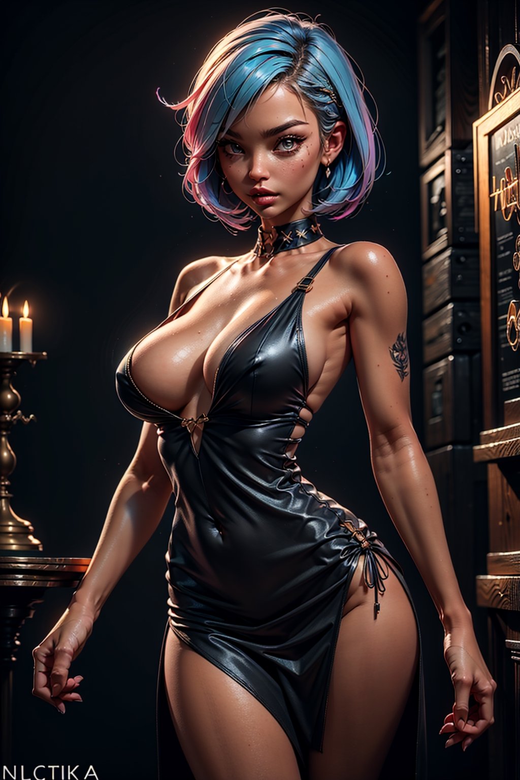 1girl, large breasts, short hair, asymmetrical hair, sexy look, sexy dress, sexy pose, indoors, cinematic, chromatic_aberration, bare shoulders, large cleavage, (sideboobs, breasts overflow:1.1), 
Masterpiece, best quality, ultra resolution, high resolution, HDR, volumetric light,High detailed ,perfecteyes,neonnightKA