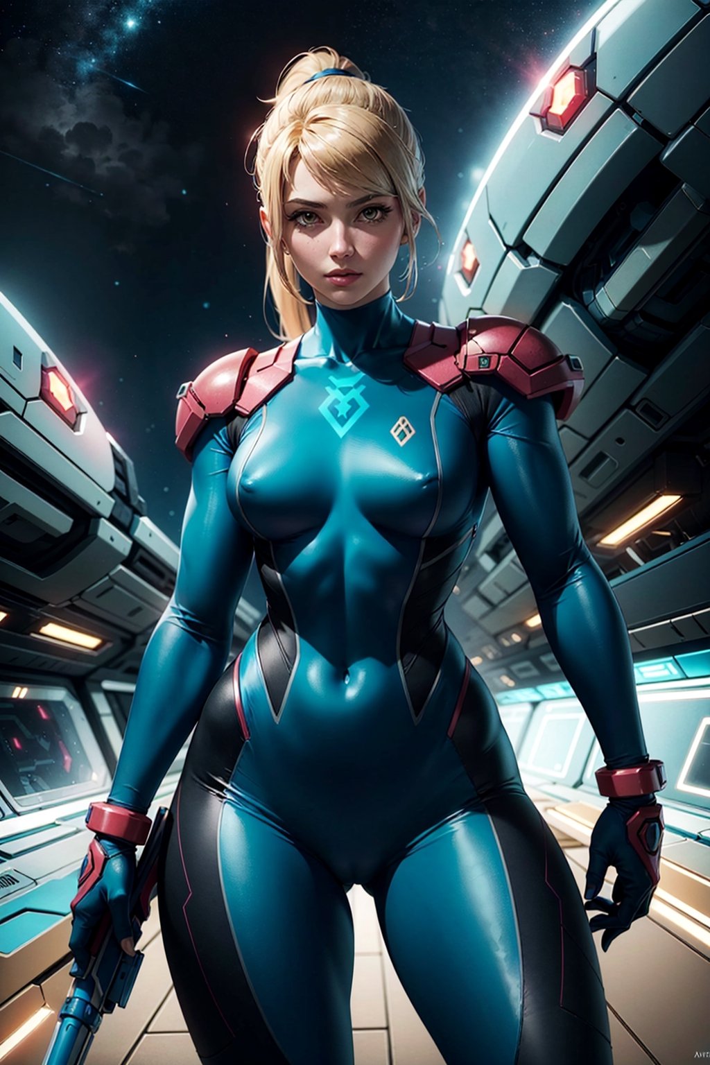 cowboy shot of samus aran, ponytail, metroid, holding weapon, blue bodysuit, spaceship background