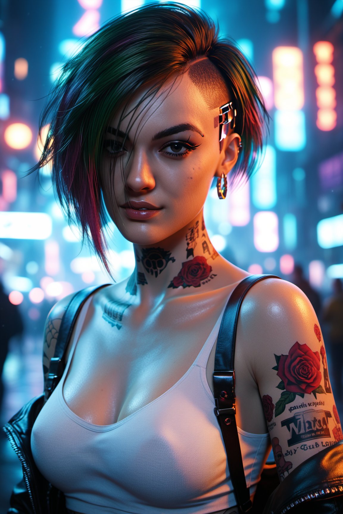 score_9, score_8_up, score_7_up, On the cybernetic streets of Night City, Judy Alvarez from "Cyberpunk 2077" works on a neon-lit tech project. Her tattooed arms and focused gaze accentuate her tech-savvy skills and rebellious allure, making her a standout character in a dystopian world.