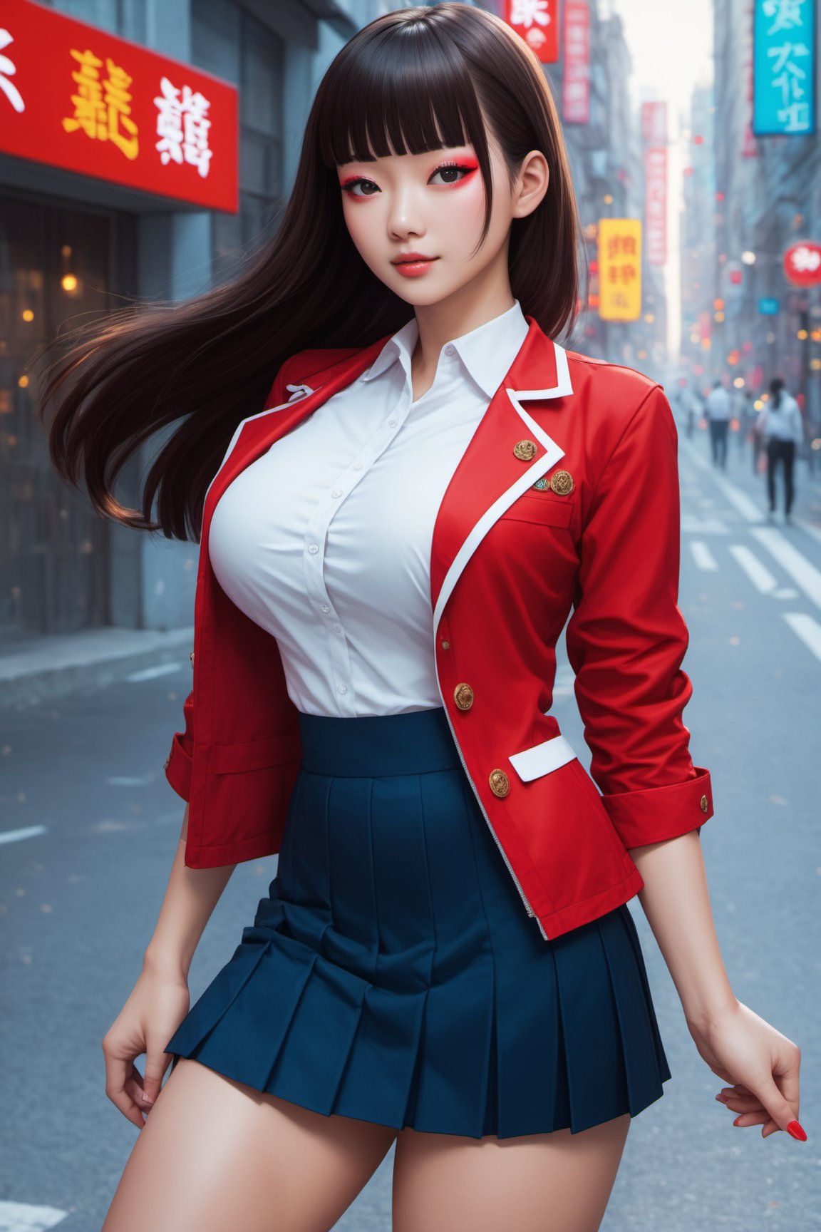 score_9, score_8_up, score_7_up, score_6_up, beautiful korean girl, 18 year old, long brown hair, blunt bangs, makeup, school uniform, mini skirt, open jacket, red jacket, large breasts, narrow waist, large hip, large_thighs , street, detailed background, highly detailed, vibrant colors, cowboy shot, centered